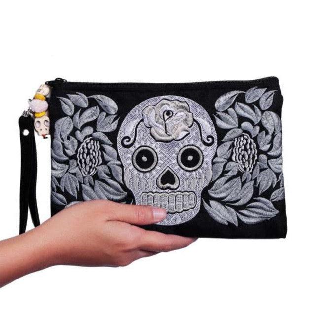 Sugar Skull Embroidered Monochrome Wristlet - Thailand