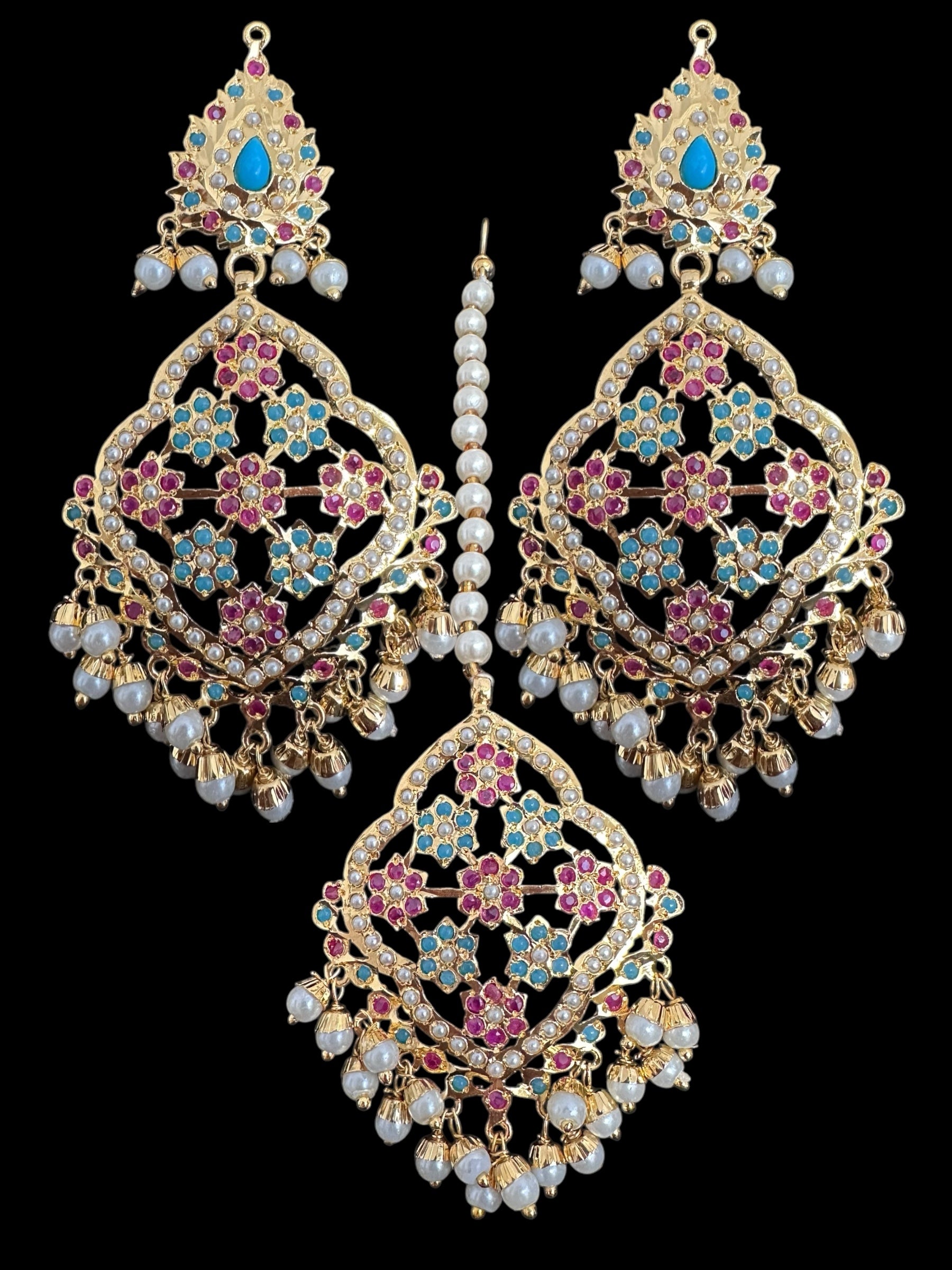 DJET93 Mehru Jadau chandbali earrings tika in ruby turquoise and pearls ( READY TO SHIP )