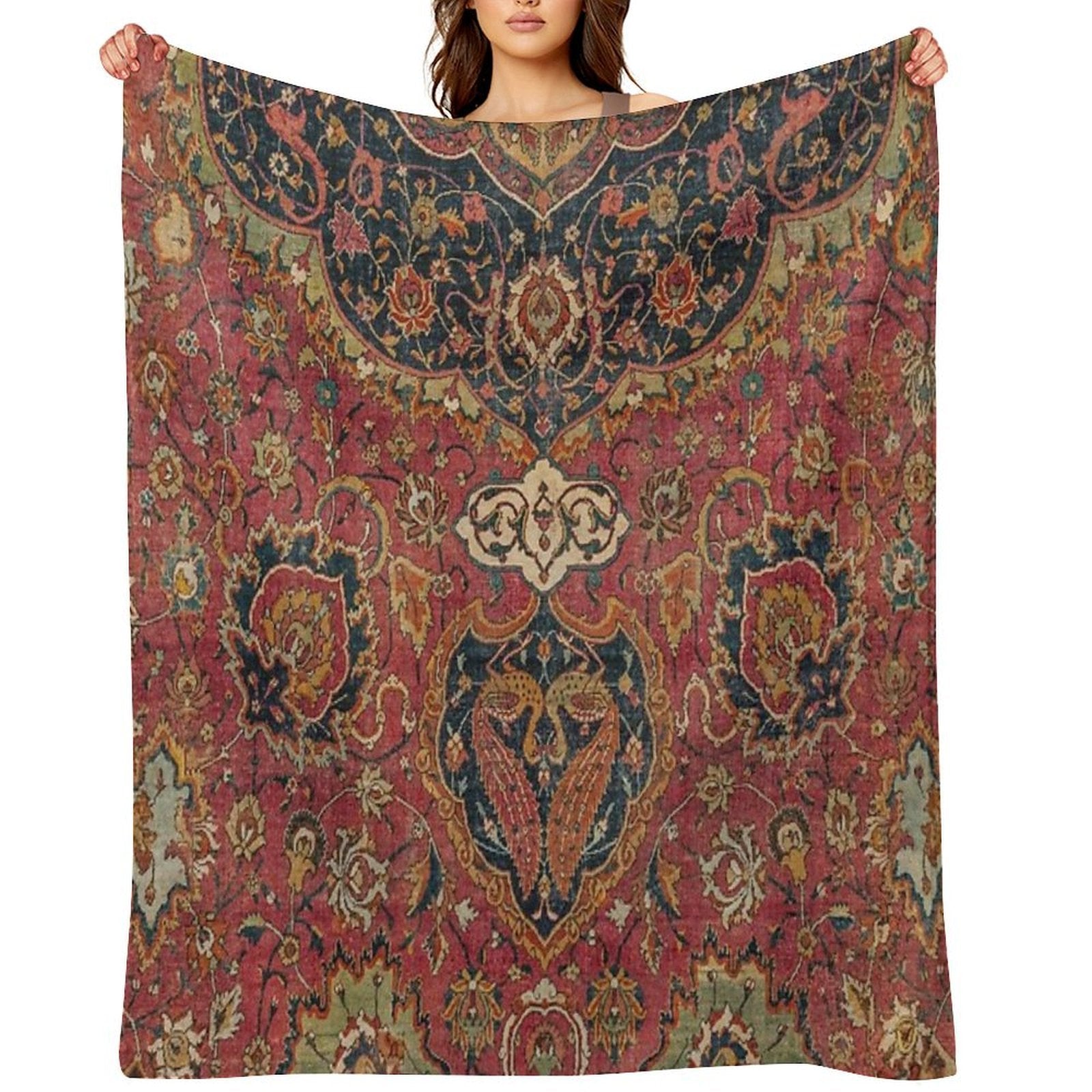 Persian Medallion Rug VIII  16th Century Distressed Red Green Blue Flowery Colorful Ornate Pattern Throw Blanket