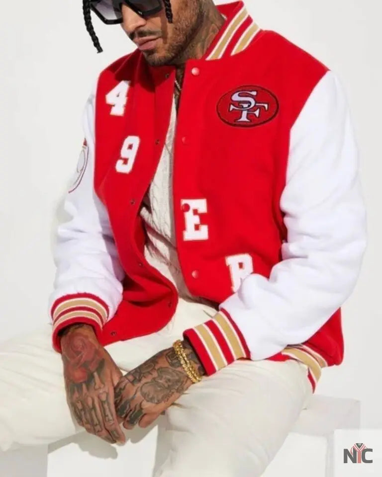 49ers Red &amp;amp; White Wool Varsity Jacket