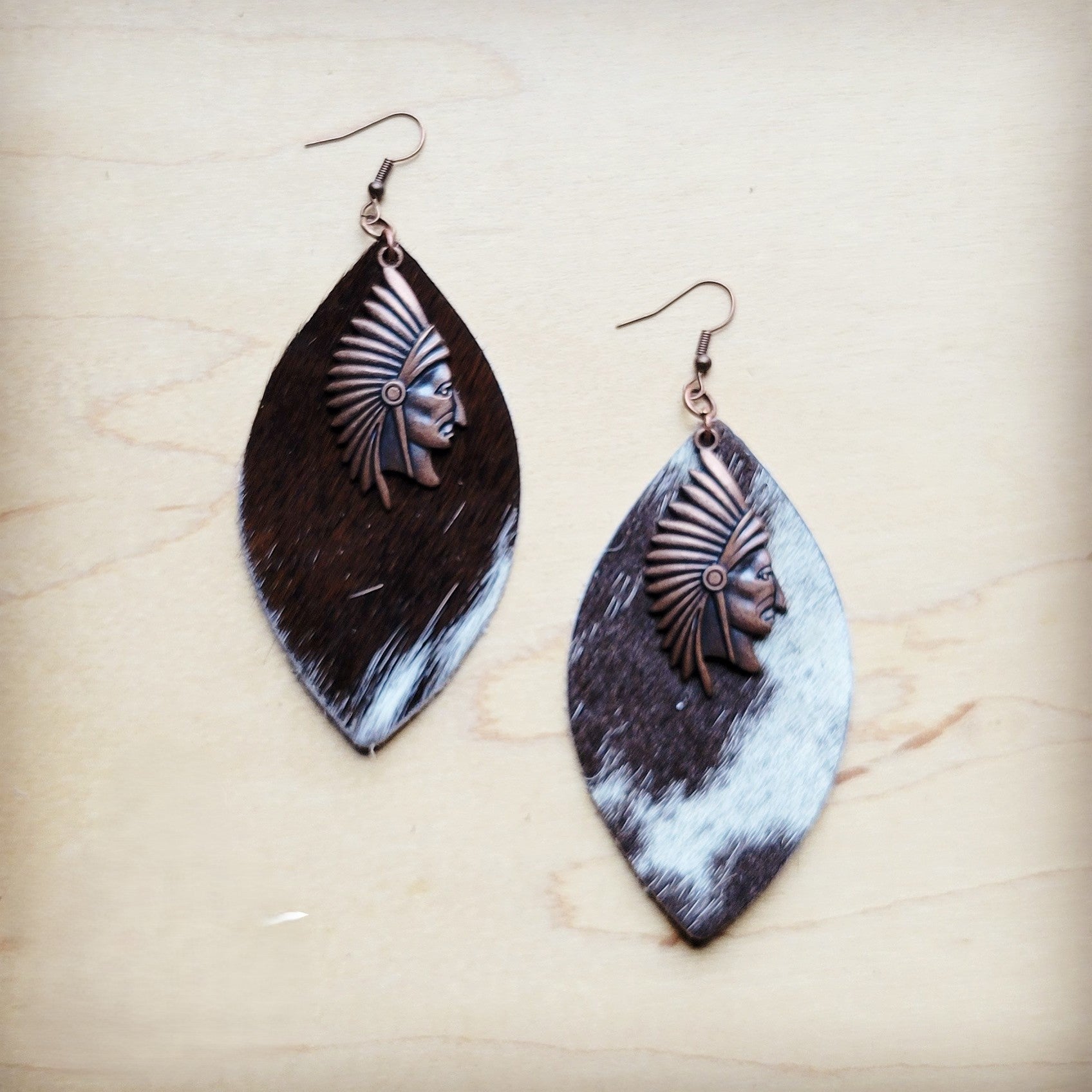 **Black &amp;amp; White Leather Hide Earrings w/ Indian 220j