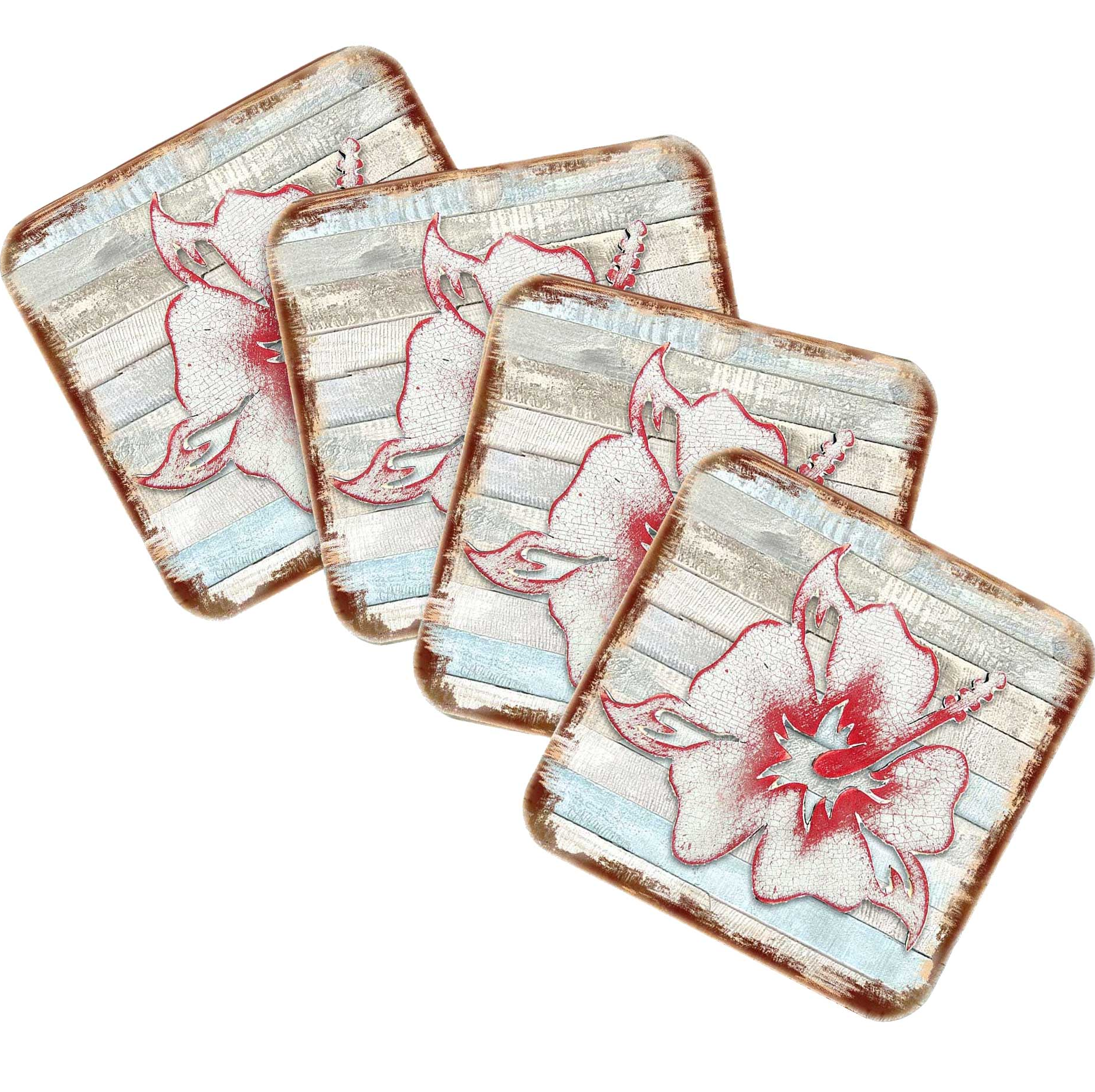 Hibiscus Flower Wooden Cork Coasters Gift Set of 4 by Nature Wonders - Nature Wildlife Decor  - 8198421-9C-S4