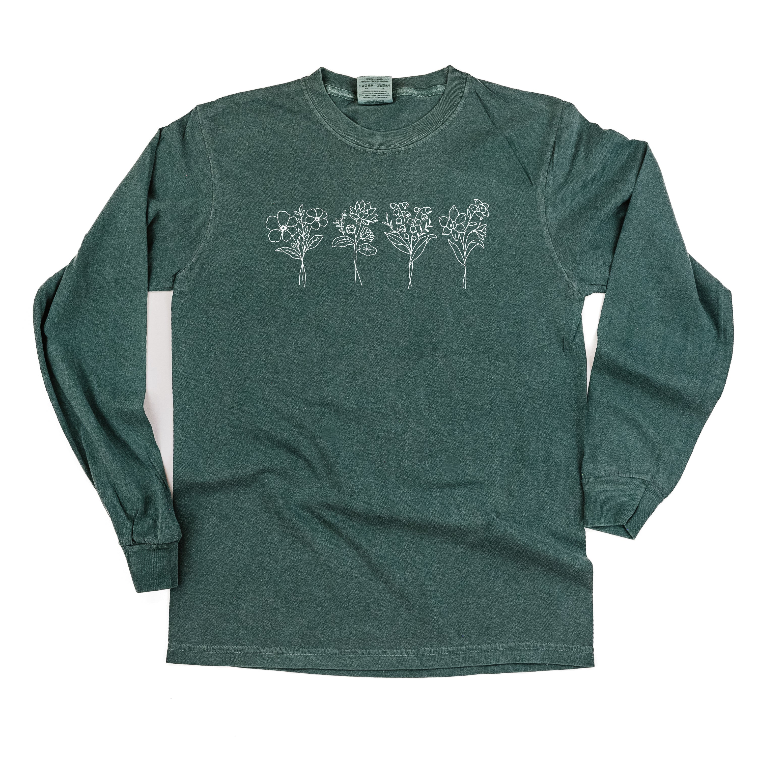 Embroidered Long Sleeve Comfort Colors Tee - 4 Birth Flower w/ White Thread (center)