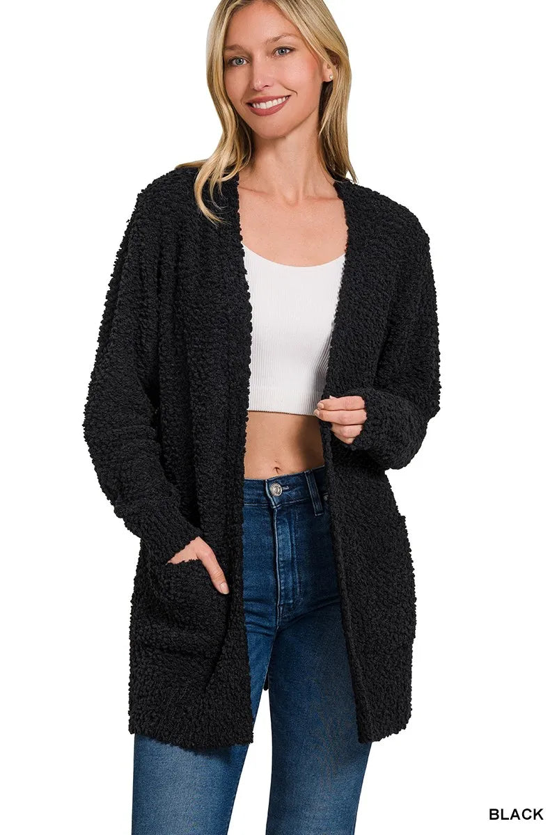 Zenana Long Sleeve Popcorn Sweater Cardigan with Pockets