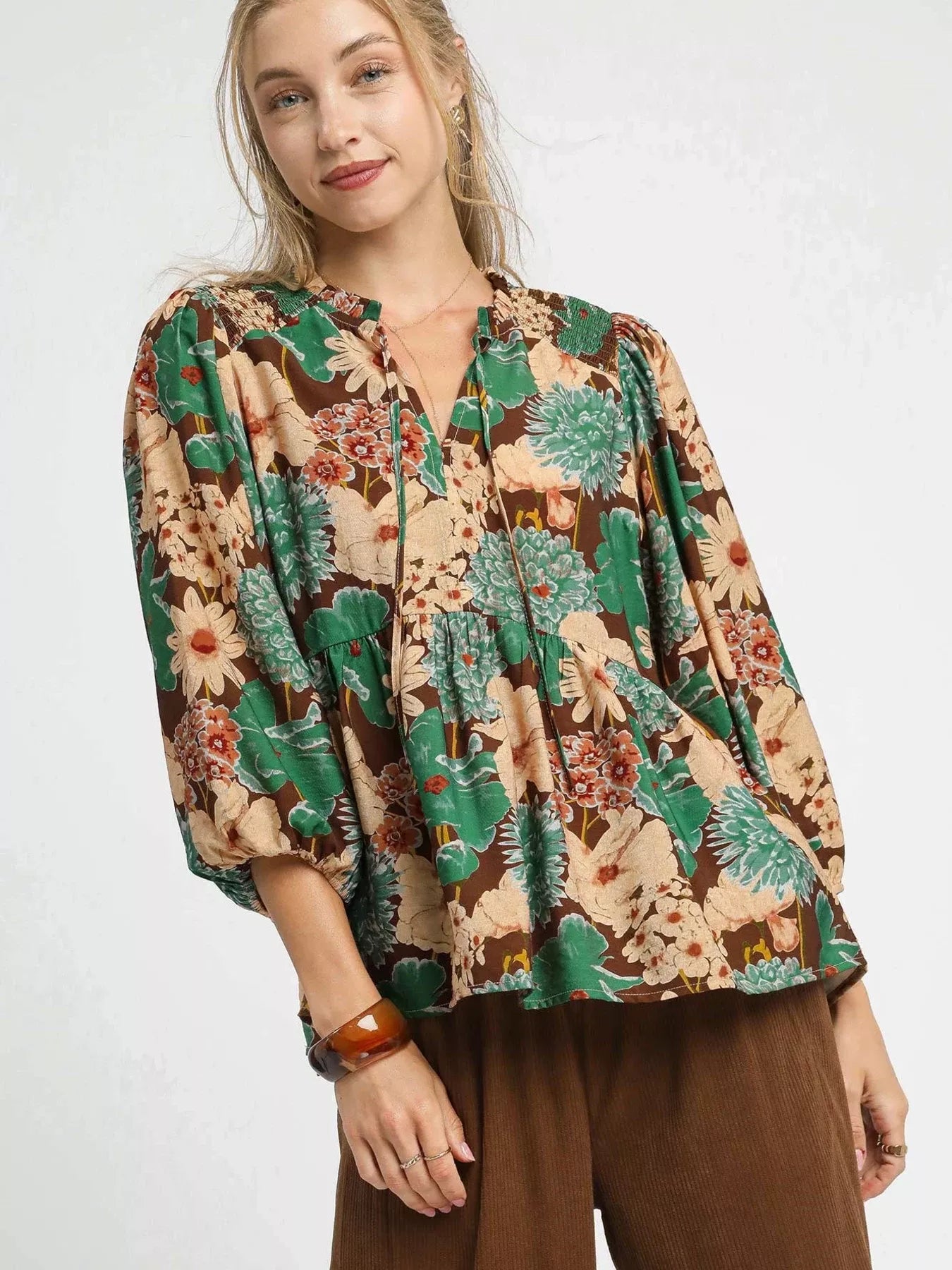 Umgee Mix Floral Peplum Blouse with Tie Neck