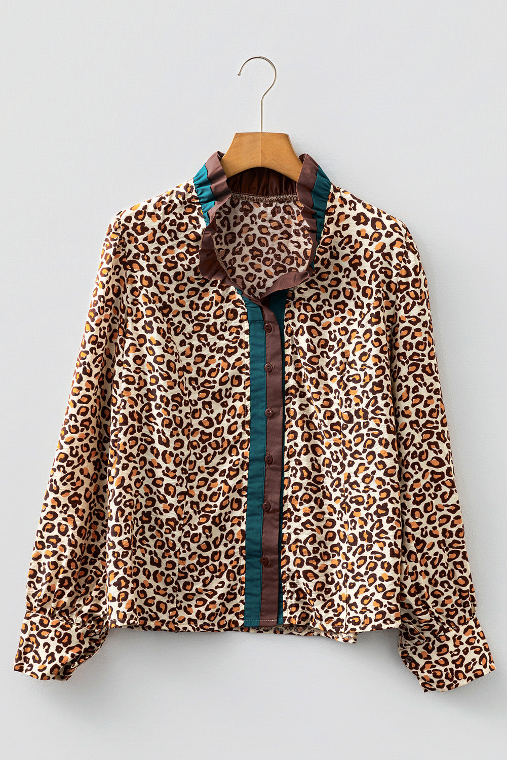 Leopard Contrast Frilled Trim Button-Up Shirt