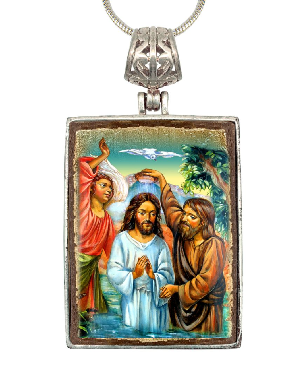 Christening Religious Jewelry Silver Plated Necklace, Gold-Plated Wooden Cabochon - Christian Sacred Icon - Inspirational Icon Decor - 43043R