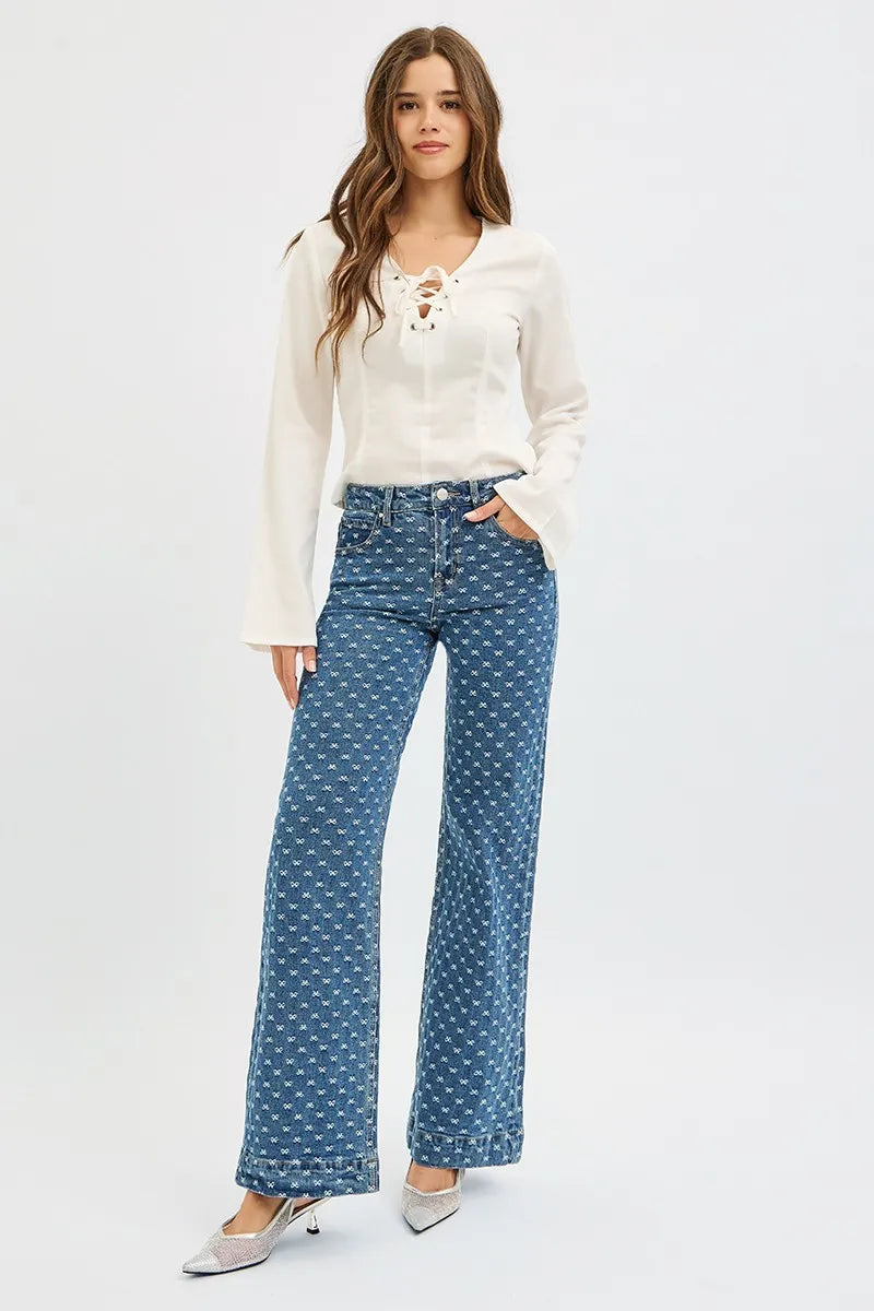 Risen High Rise Wide Leg Bow Embroidered Jeans For Women