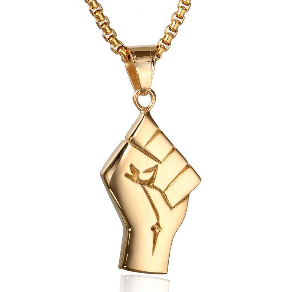 Mens Gold Fist Pendant Necklace in Titanium Steel with Gold Finish