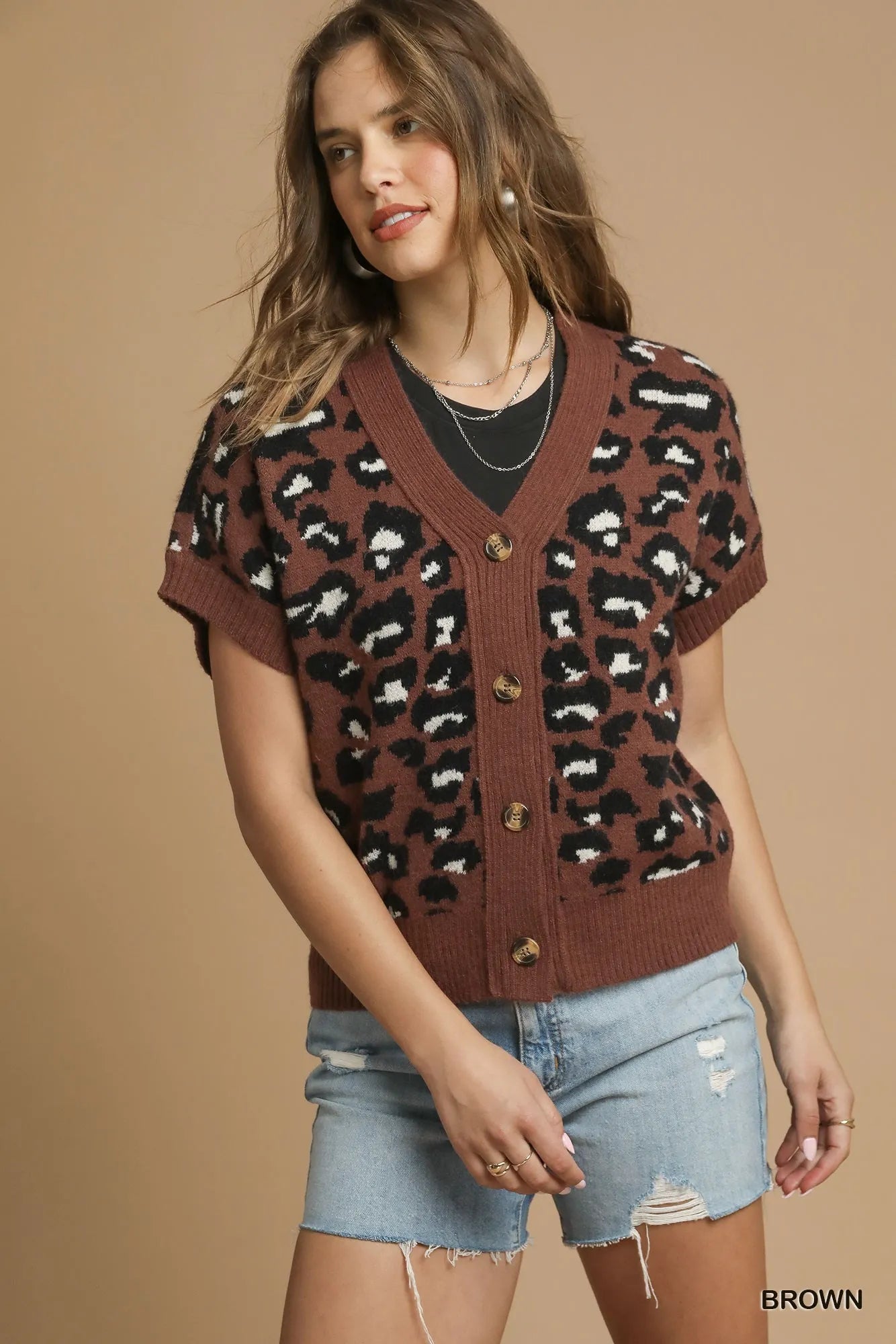 Umgee Leopard Button Down Short Sleeve Cardigan