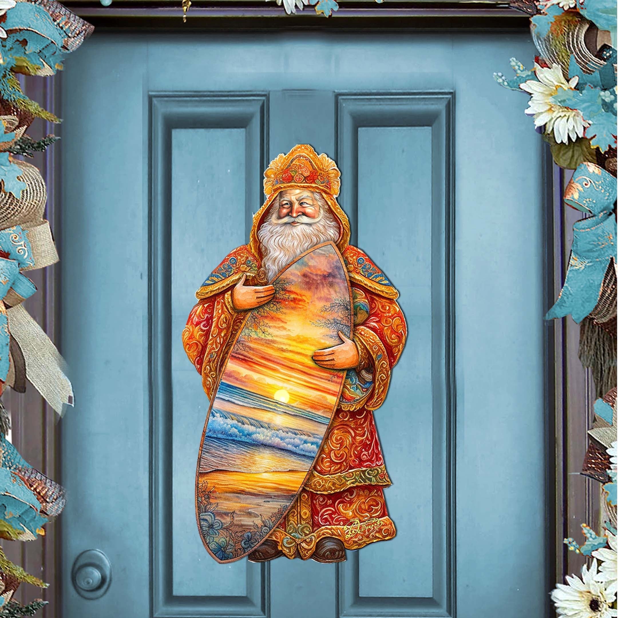 Santa&amp;#39;s Tropical Surf Ride Holiday Door Decor by G. Debrekht - Christmas Santa Snowman Decor - 8691413H