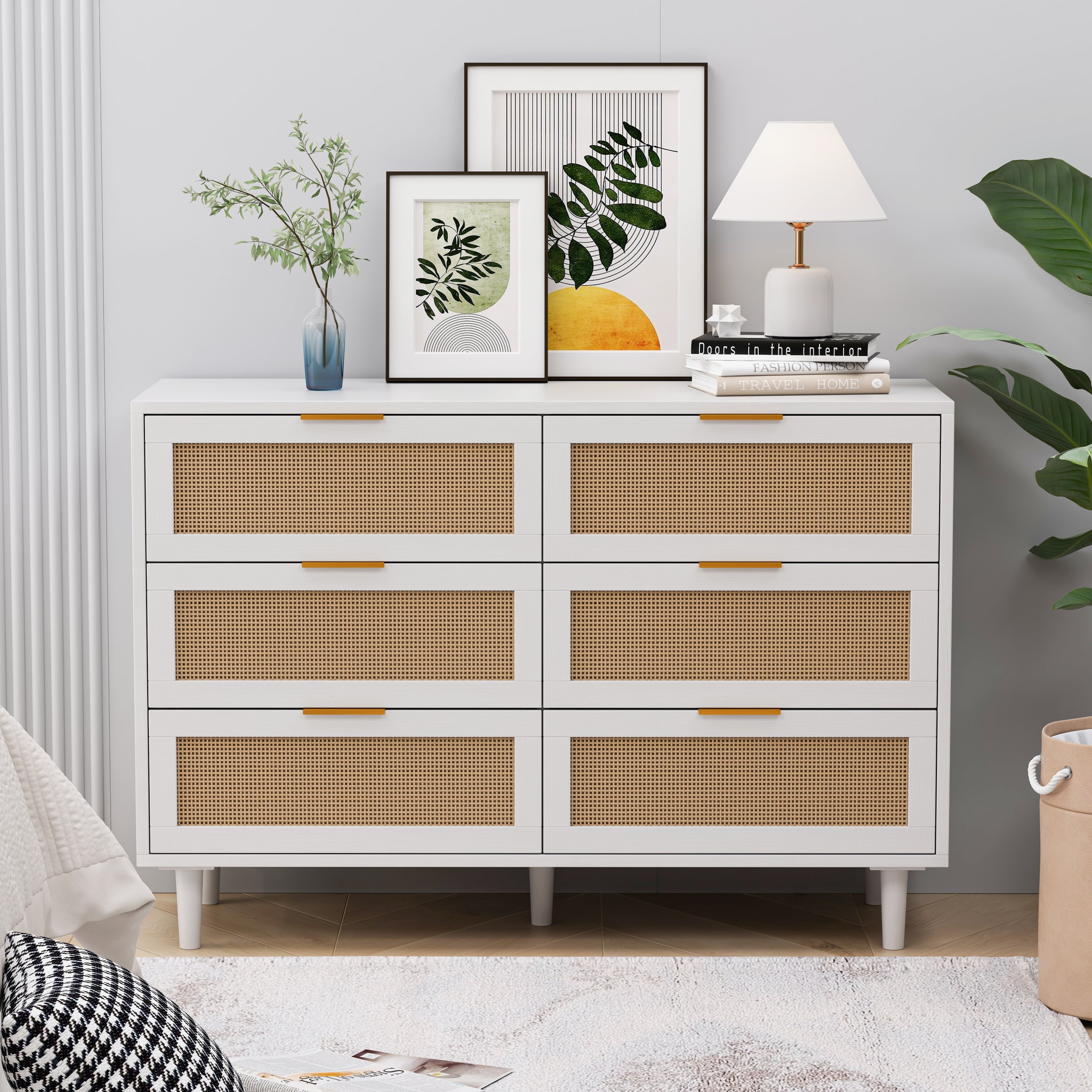 43.31&amp;#39;6-Drawers Rattan Storage Cabinet Rattan Drawer,for Bedroom,Living Room,White