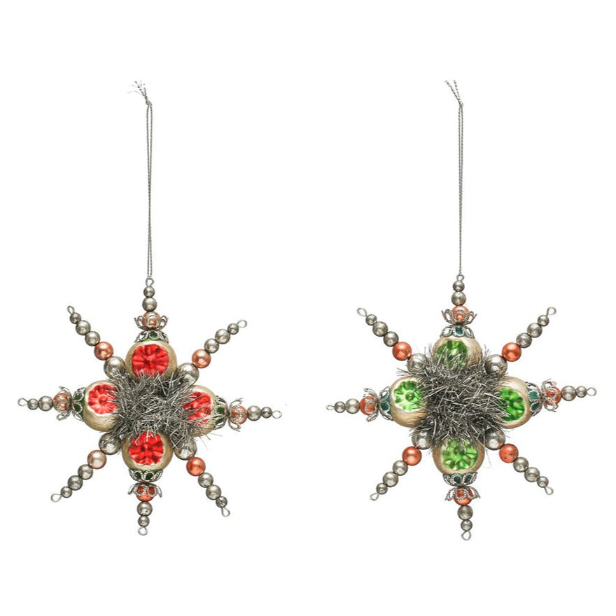 Glass Vintage Style Snowflake Ornament w/ Tinsel, Set of 2 Colors