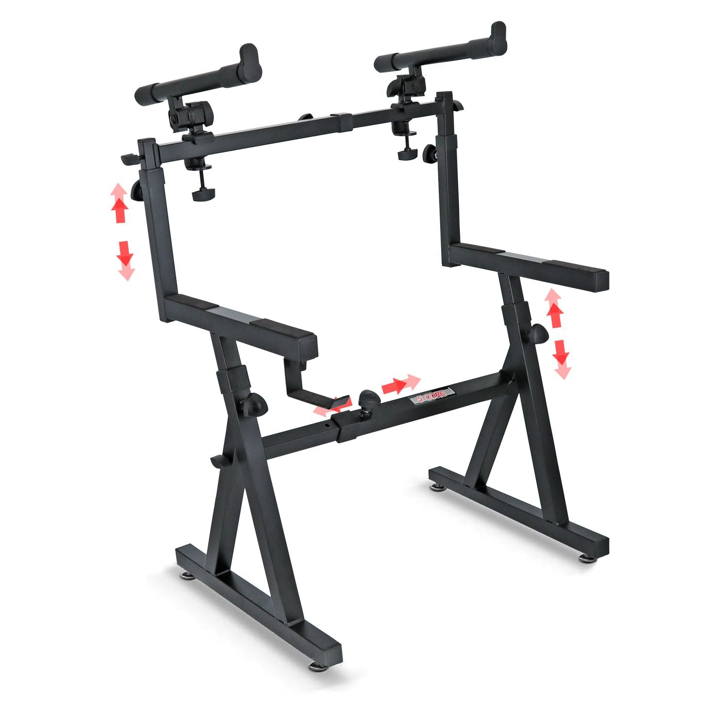5 CORE Keyboard Stand 2 Tier Z Style Adjustable Electric Piano Riser Foldable &amp;amp; Heavy Duty Lift Holder With Secure Strap Mount For 54 88 Key Instruments - KS Z1 BLK HD + 2T