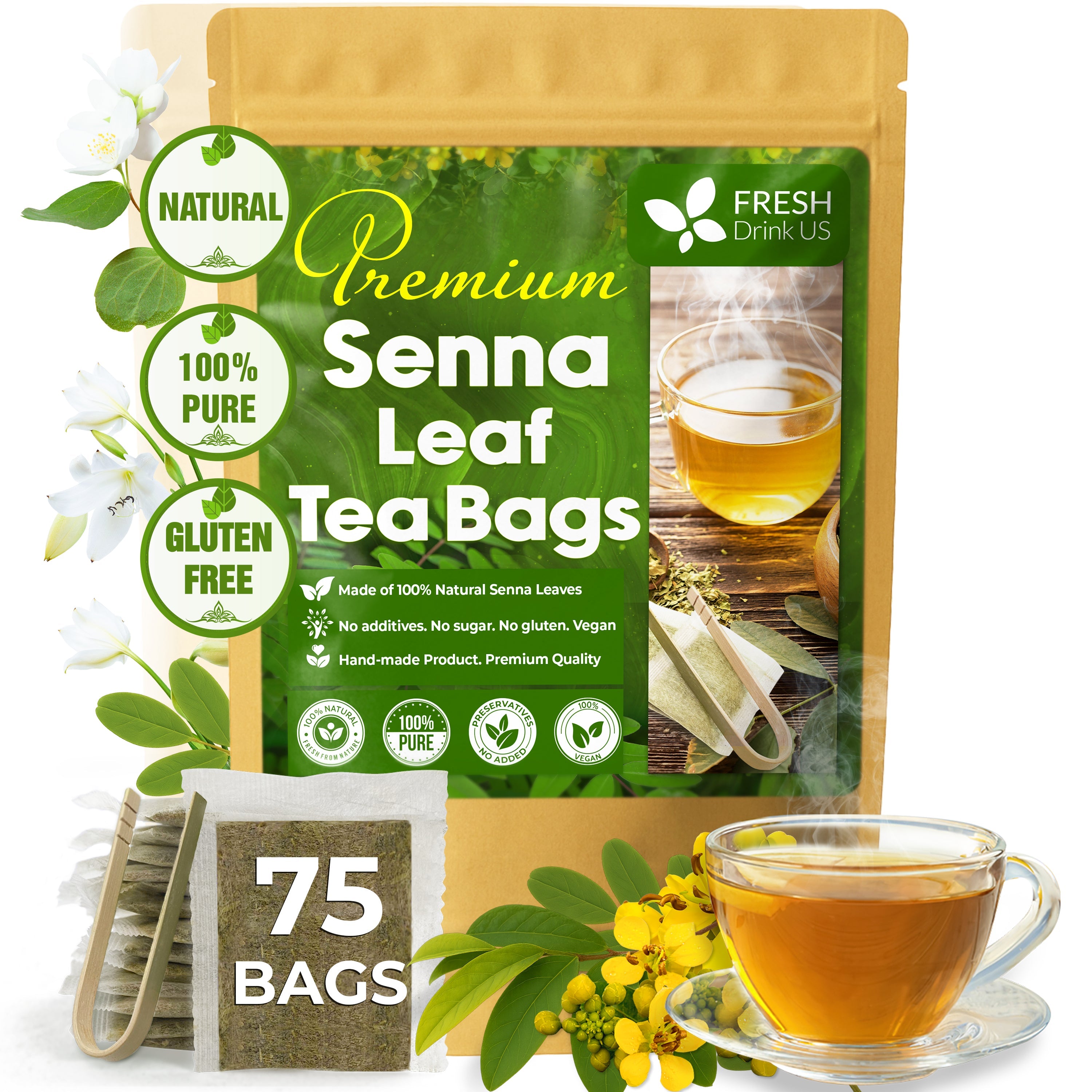 Premium Senna Leaf Tea Bags, 100% Natural &amp;amp; Pure from Senna Leaves. Loose Leaf Senna Herbal Tea, Made with Natural Material Tea Bags, Senna Leaf Tea. No Sugar, No Caffeine, No Gluten, Vegan.