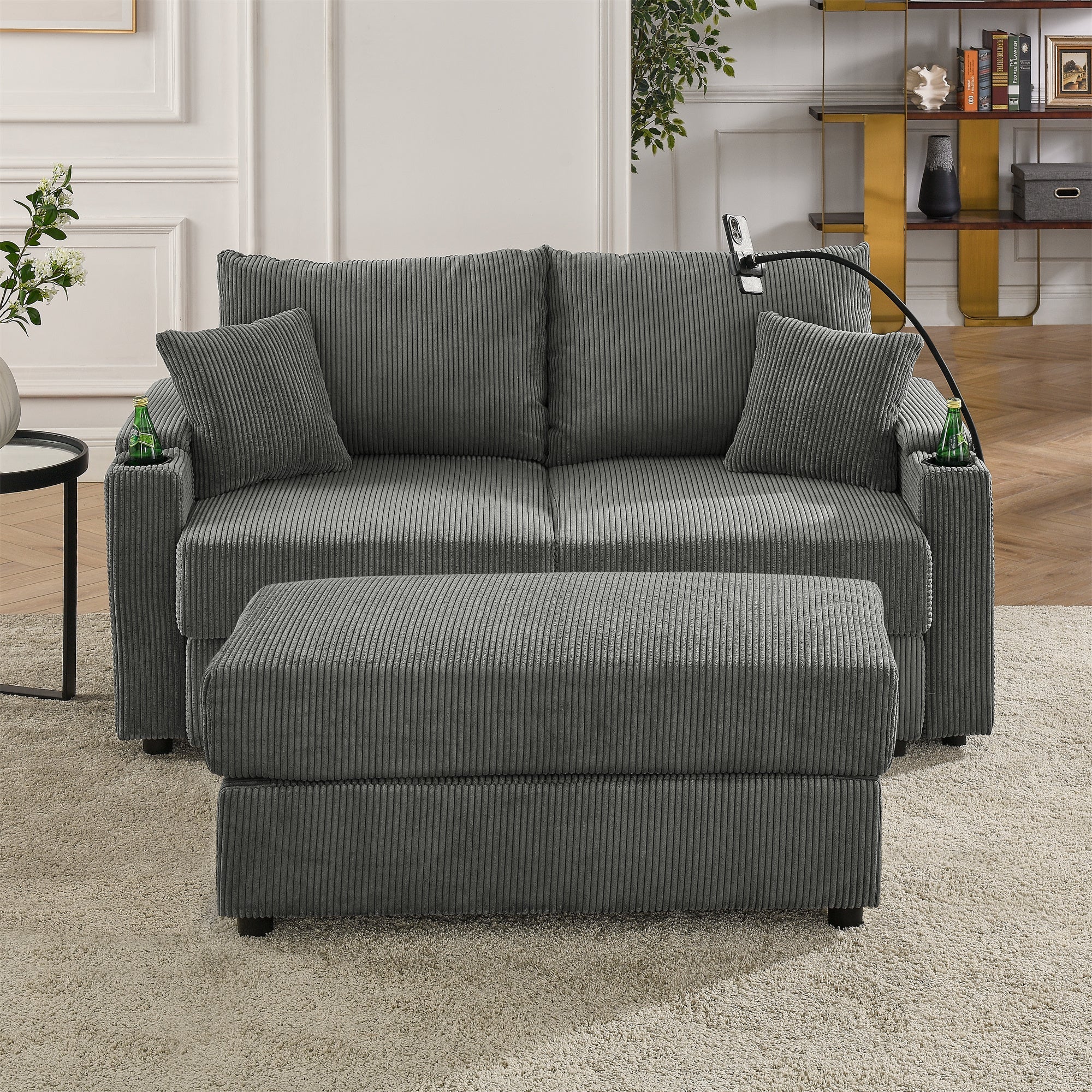 Modern Sofa Chair with Storage, with  Ottoman, Deep Seat Sofa with Cup Holders &amp;amp; Phone Holder , Grey Corduroy Couch for Living Room