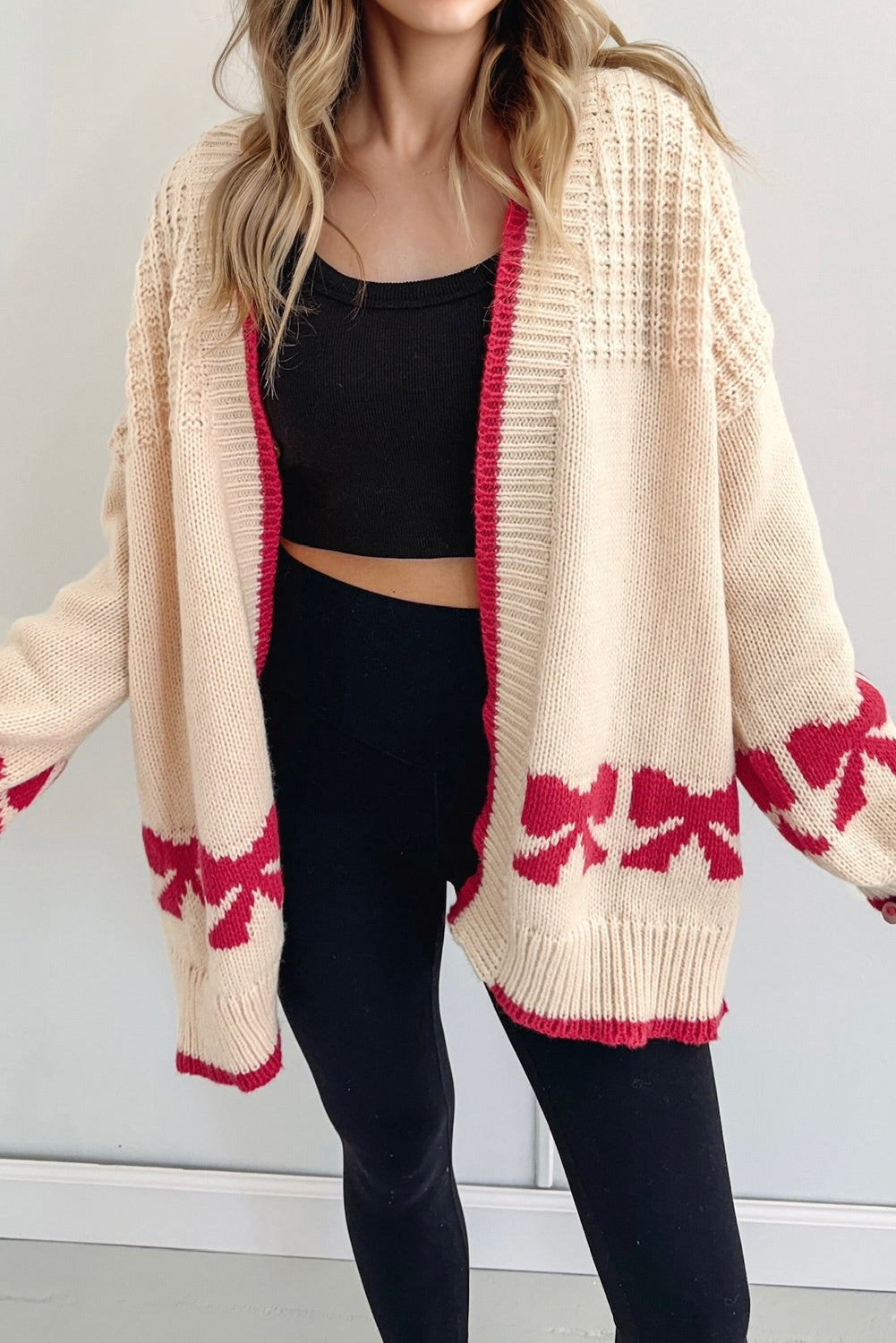 Bow Textured Open-Front Cardigan