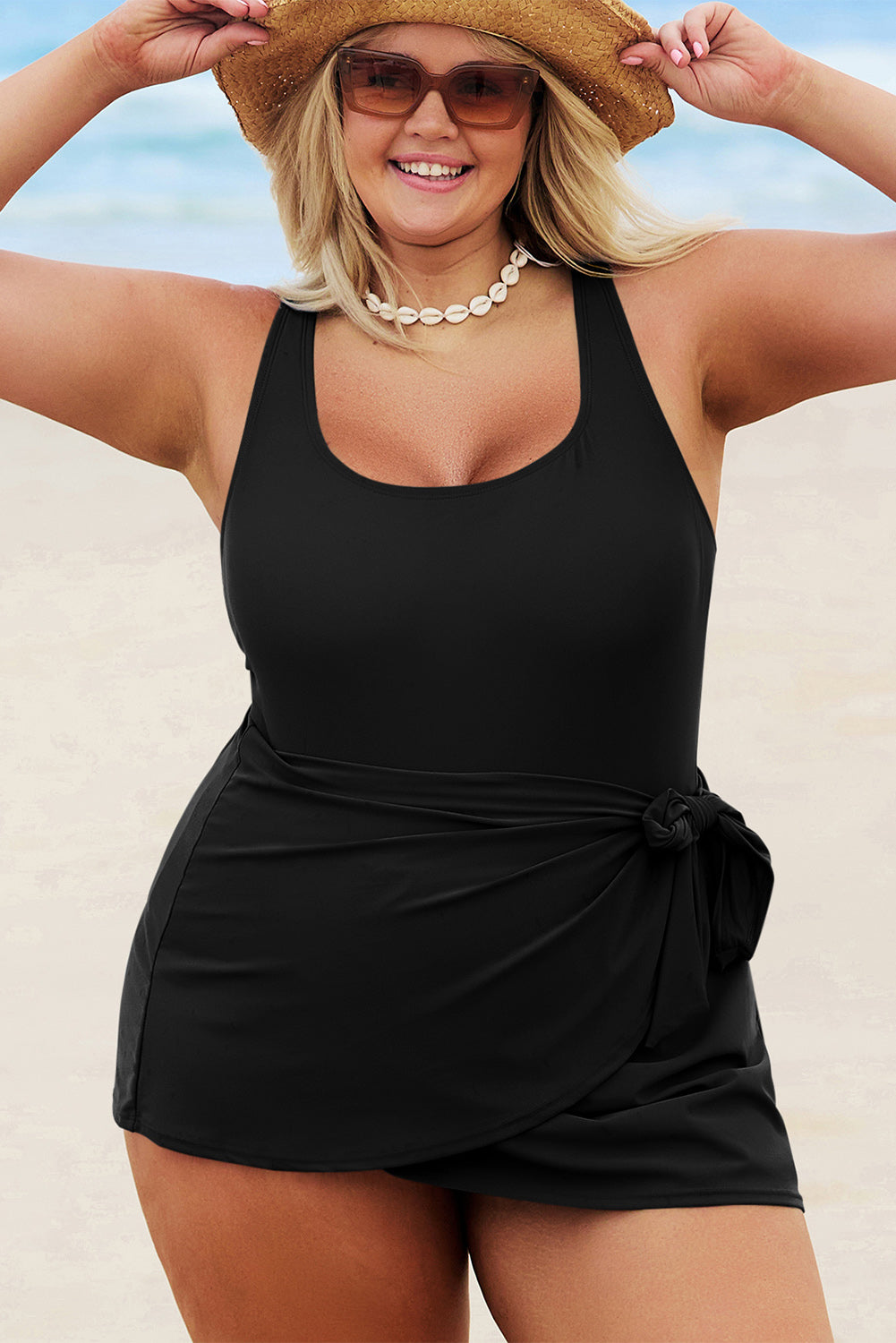 Black Solid Color Square Neck Knotted One Piece Swimsuit