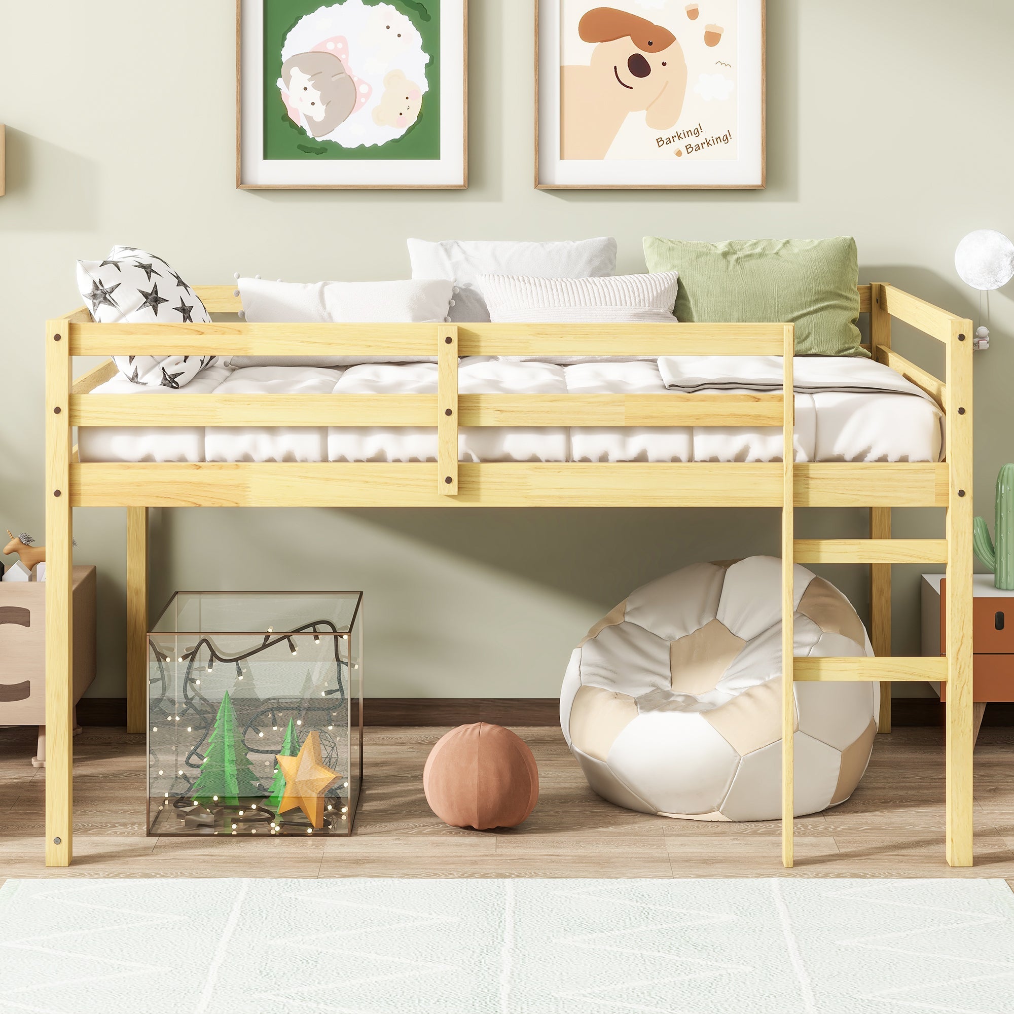 Solid Wooden, Rubber Wooden Twin Loft Bed with Ladder, Bed Platform of Strengthened Slats, Natural