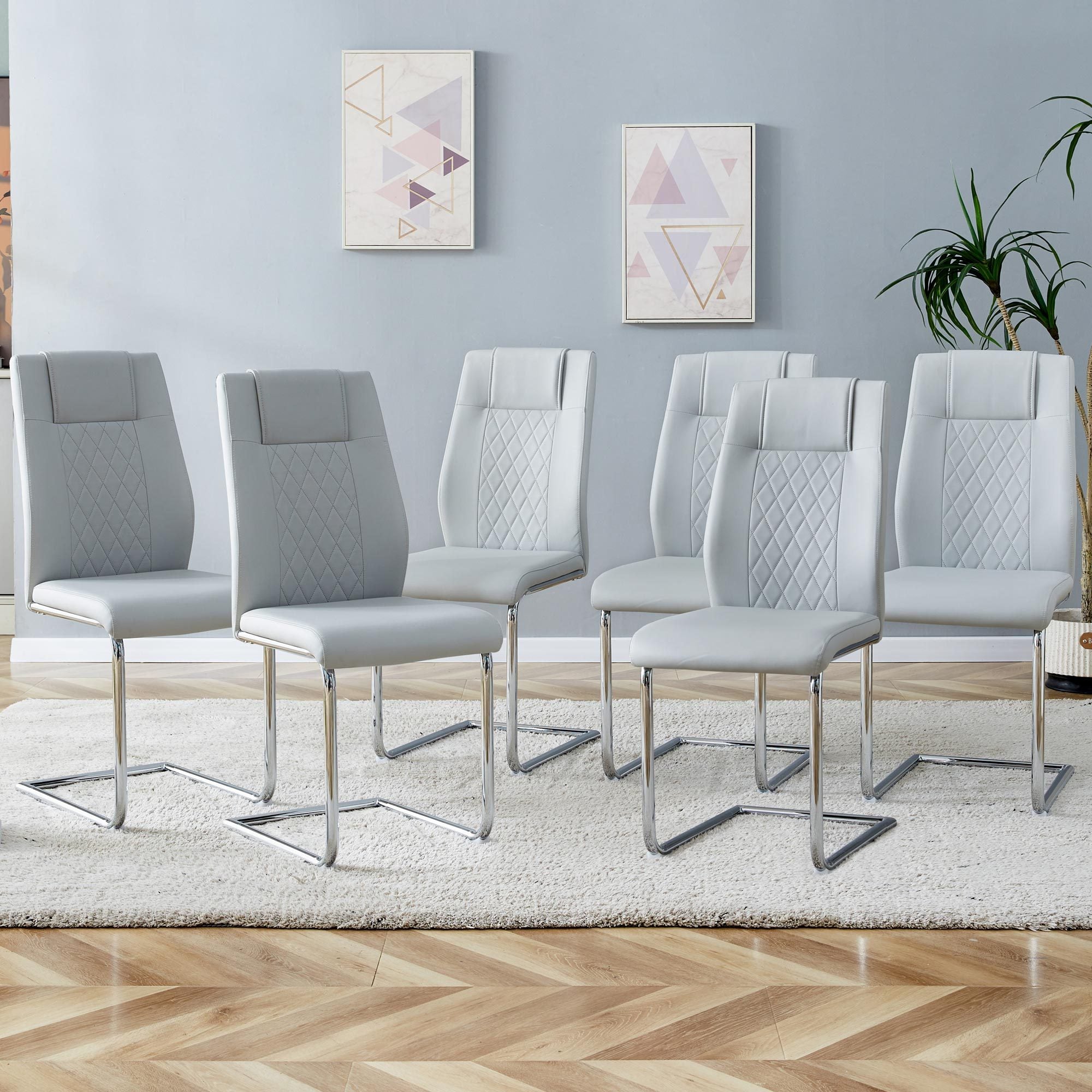 Equipped with faux leather cushioned seats - living room chairs with metal legs, suitable for kitchen, living room, bedroom, and dining room side chairs, set of 6 (light gray+PU Leather)