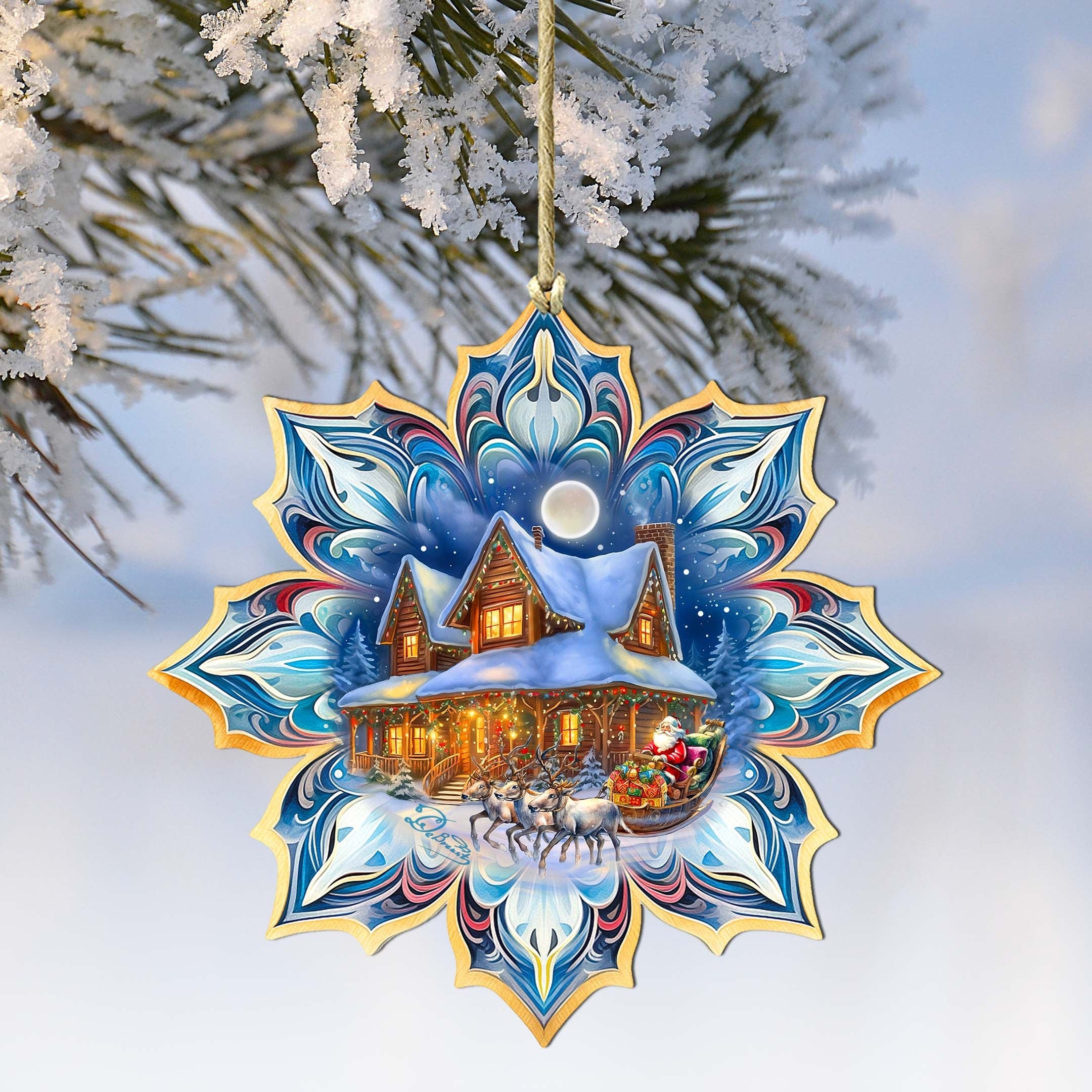 Santa&amp;#39;s Cottage Snowflake Wooden Ornaments by G. Debrekht - Christmas Santa Snowman Decor - 8688430