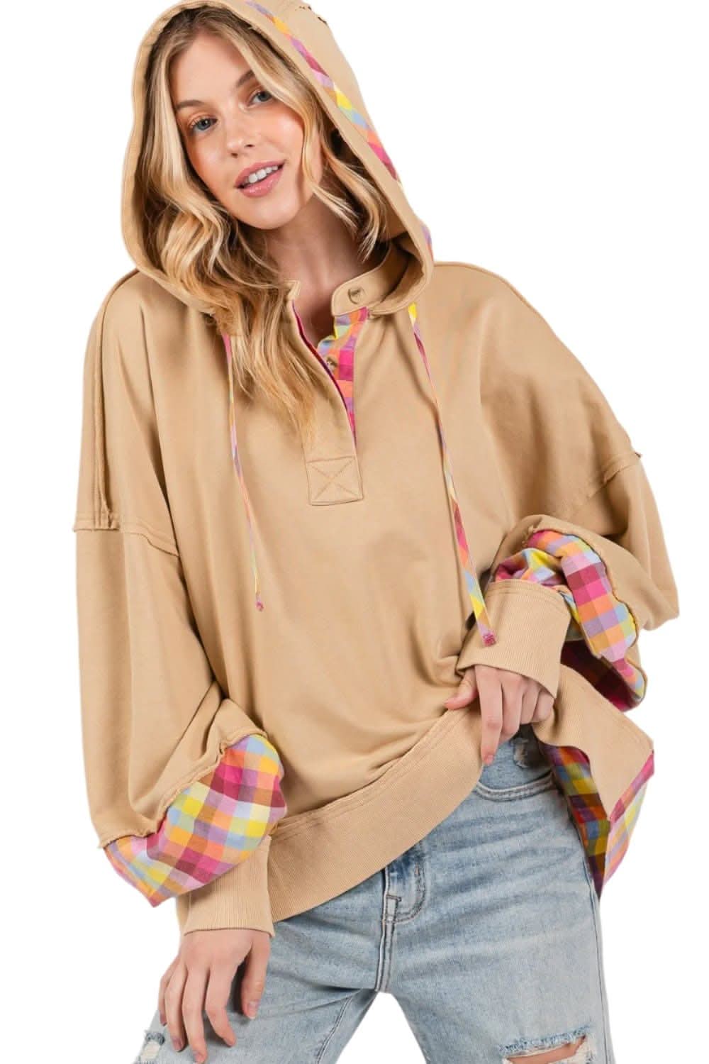 SAGE + FIG Full Size Plaid Print Washed Hoodie