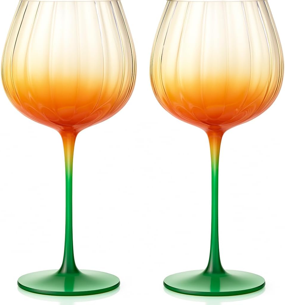 Khen Pumpkin Wine Glasses Fall Inspired Lightweight Borosilicate Decorative Drinkware Stemware - Set of 2 Orange &amp;amp; Green