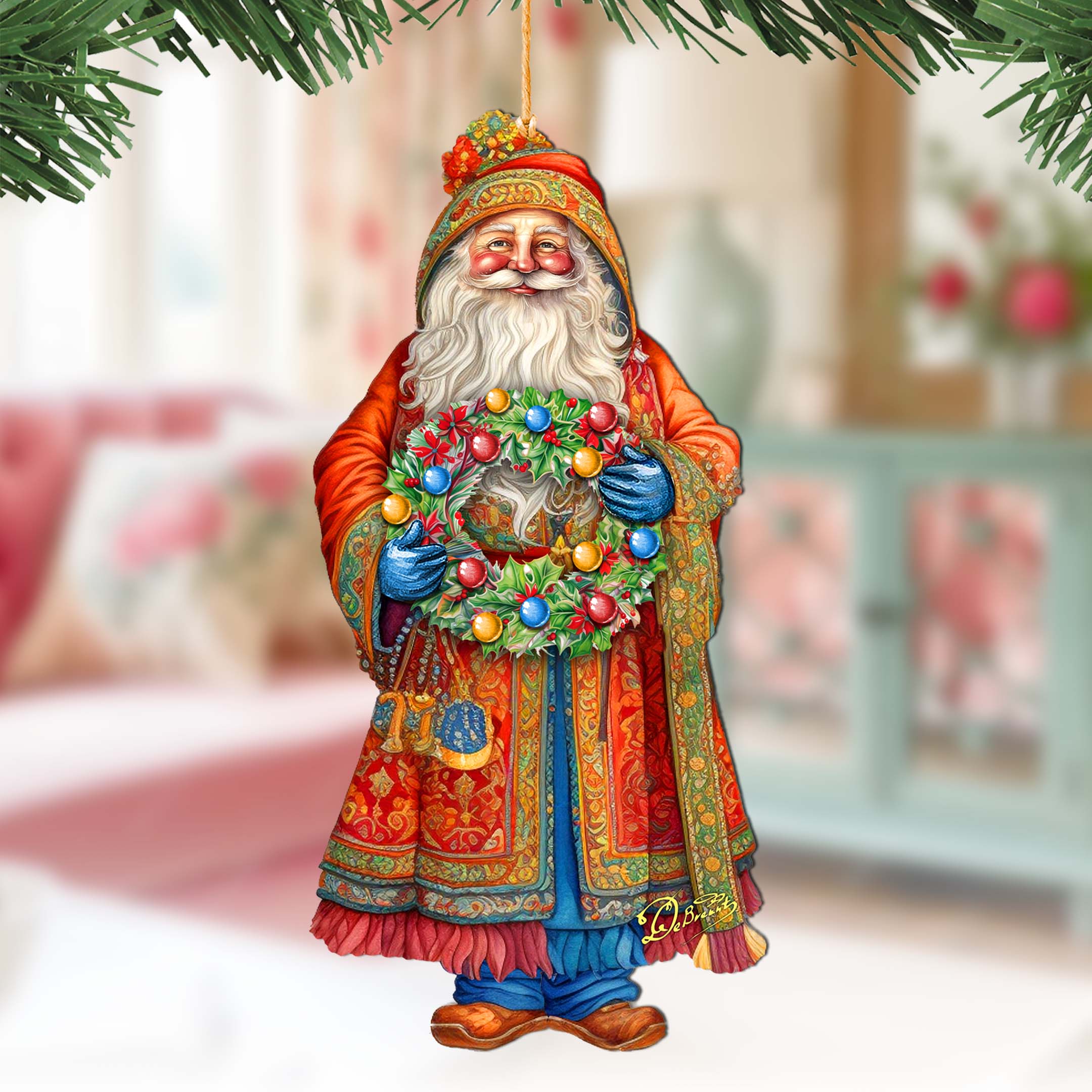 Santa&amp;#39;s Wreath of Joy Wooden Ornaments by G. Debrekht - Christmas Santa Snowman Decor - 8691402