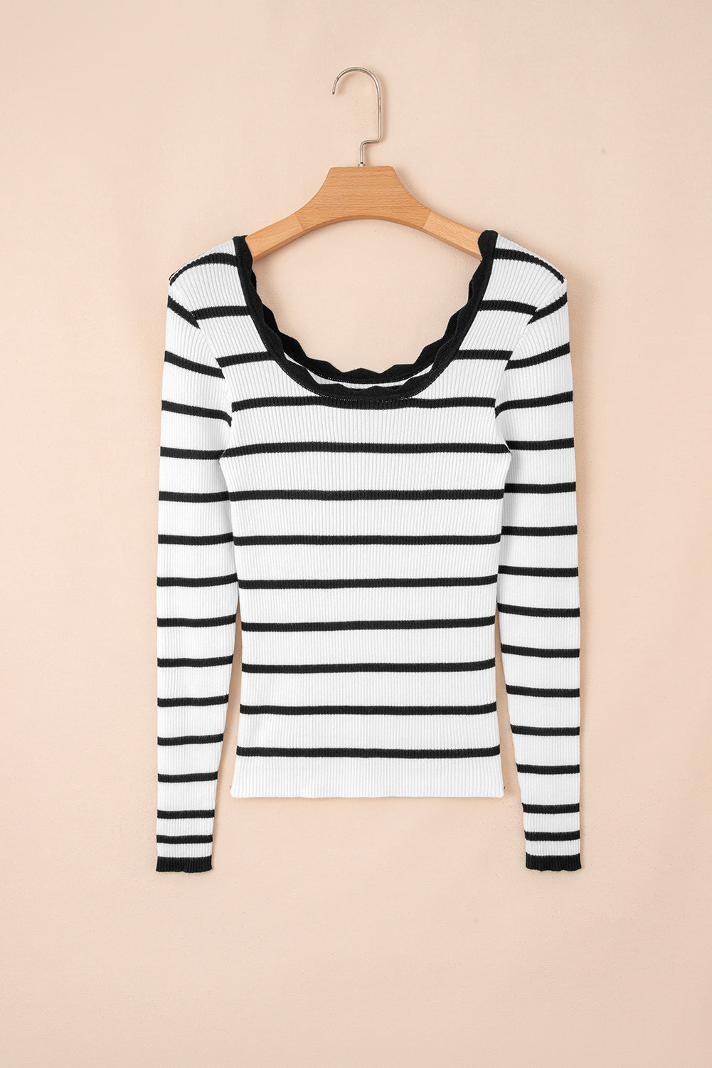 Stripe Scalloped Scoop Neck Ribbed Knit Sweater