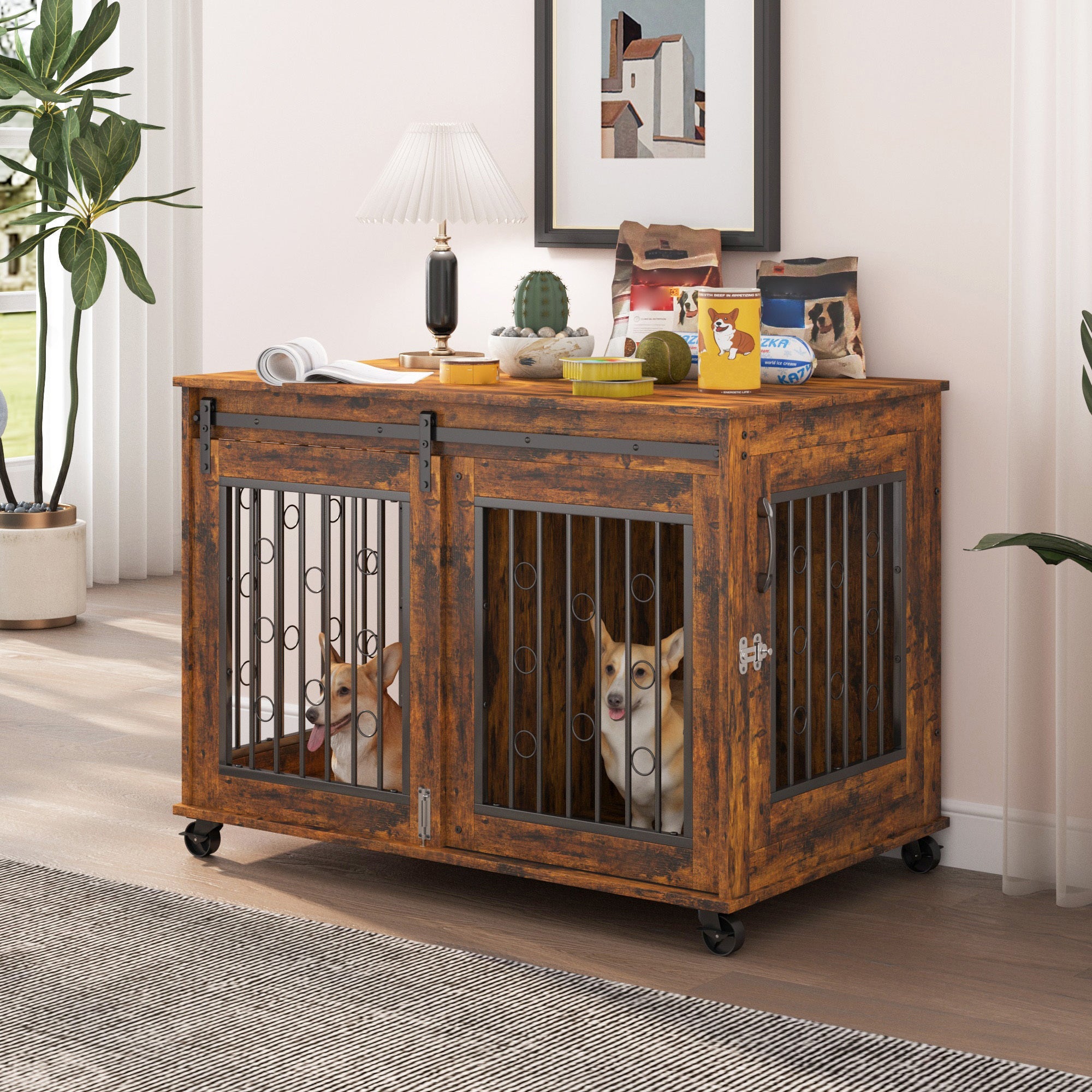 Sliding Door Dog Cage with Partition for Two Puppies, Rustic Brown, 39.37&amp;#39;&amp;#39; W x 25.20&amp;#39;&amp;#39; D x 28.94&amp;#39;&amp;#39; H