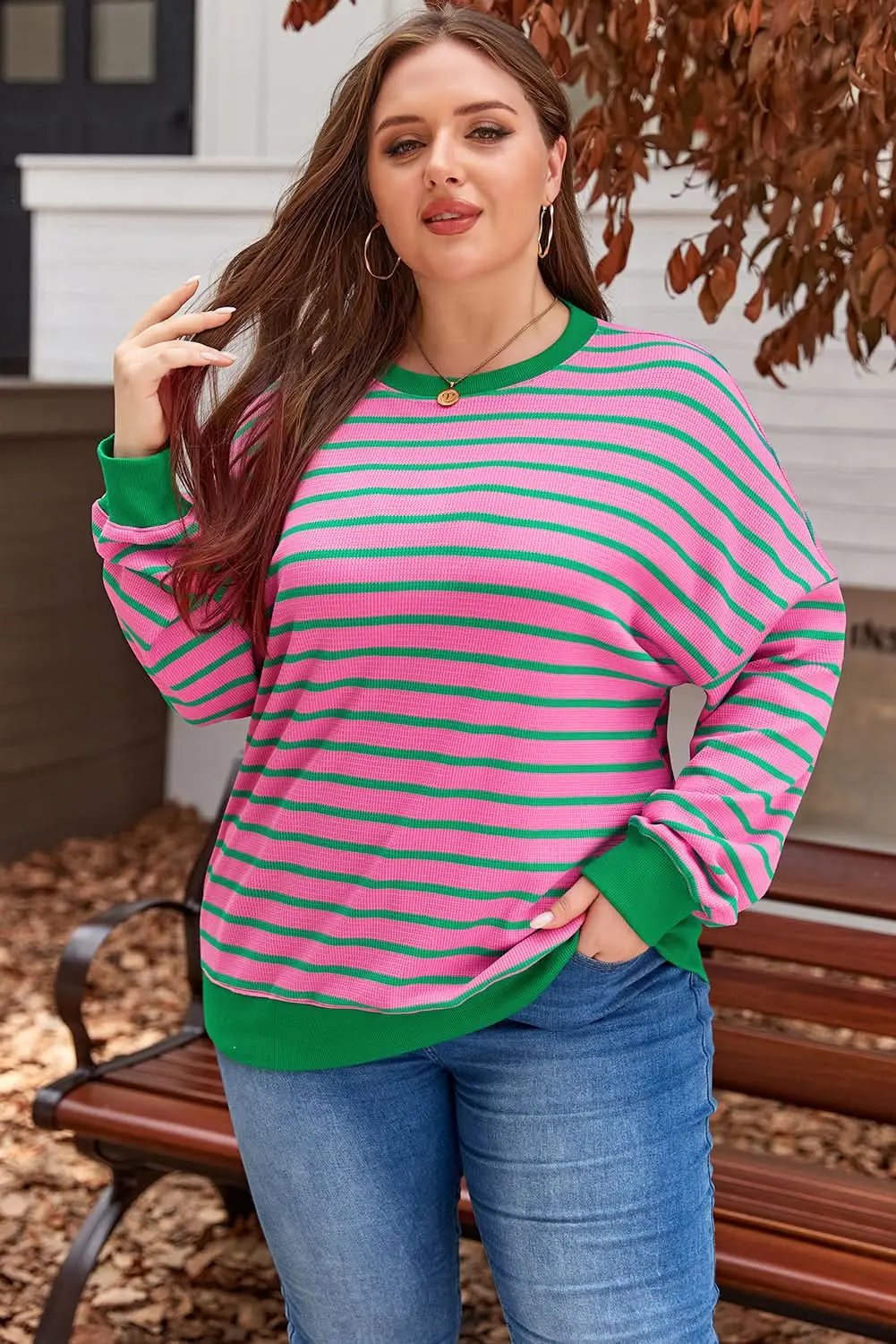 Love Salve Pink Stripe Plus Size Women&amp;#39;s Sweatshirt Cozy Waffle Knit Crew Neck