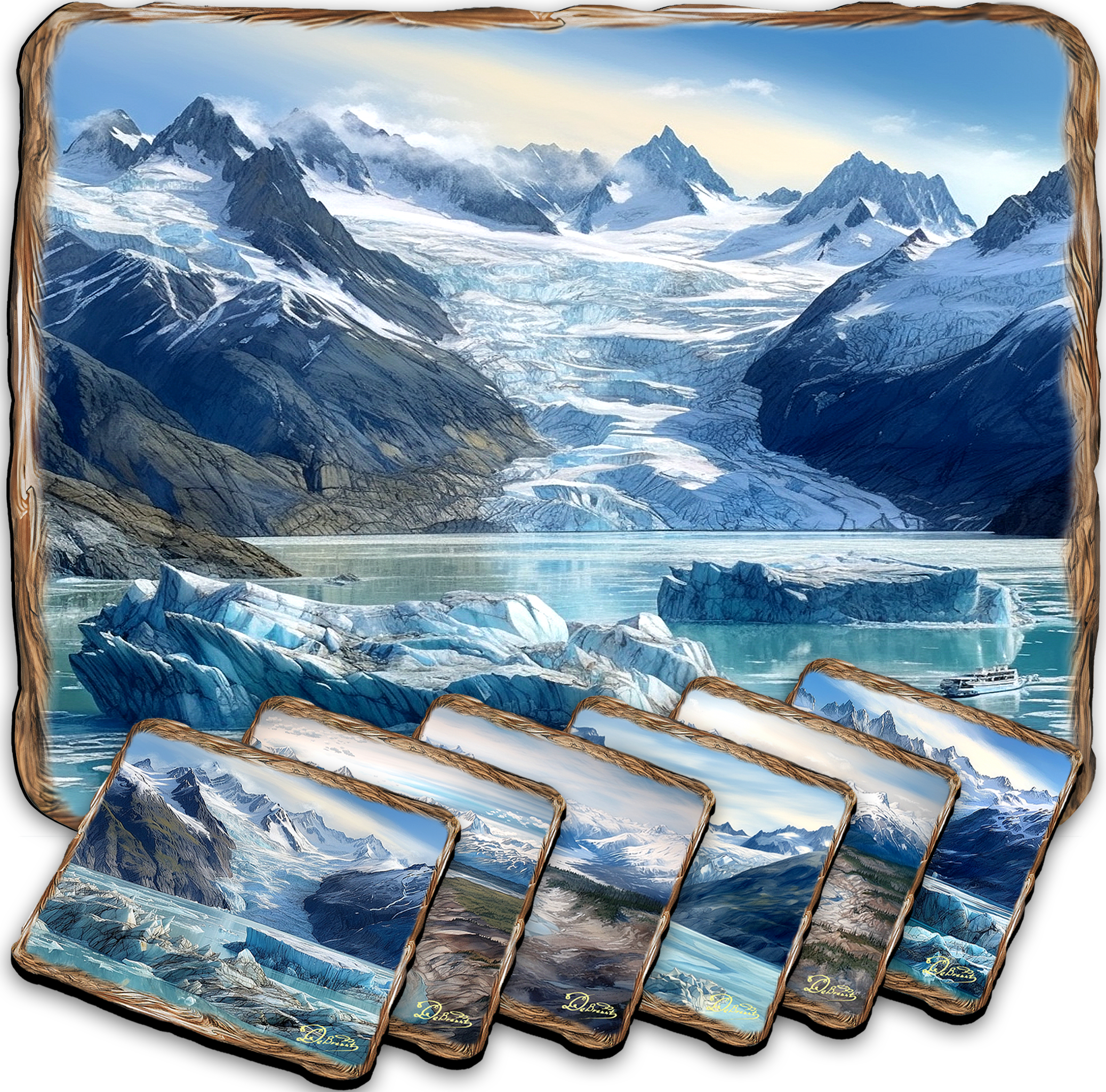 Glacier&amp;#39;s Majesty Wooden Cork Placemat and Coasters Gift Set of 7 by Nature Wonders Nature Wildlife Decor  - 85402C-S7