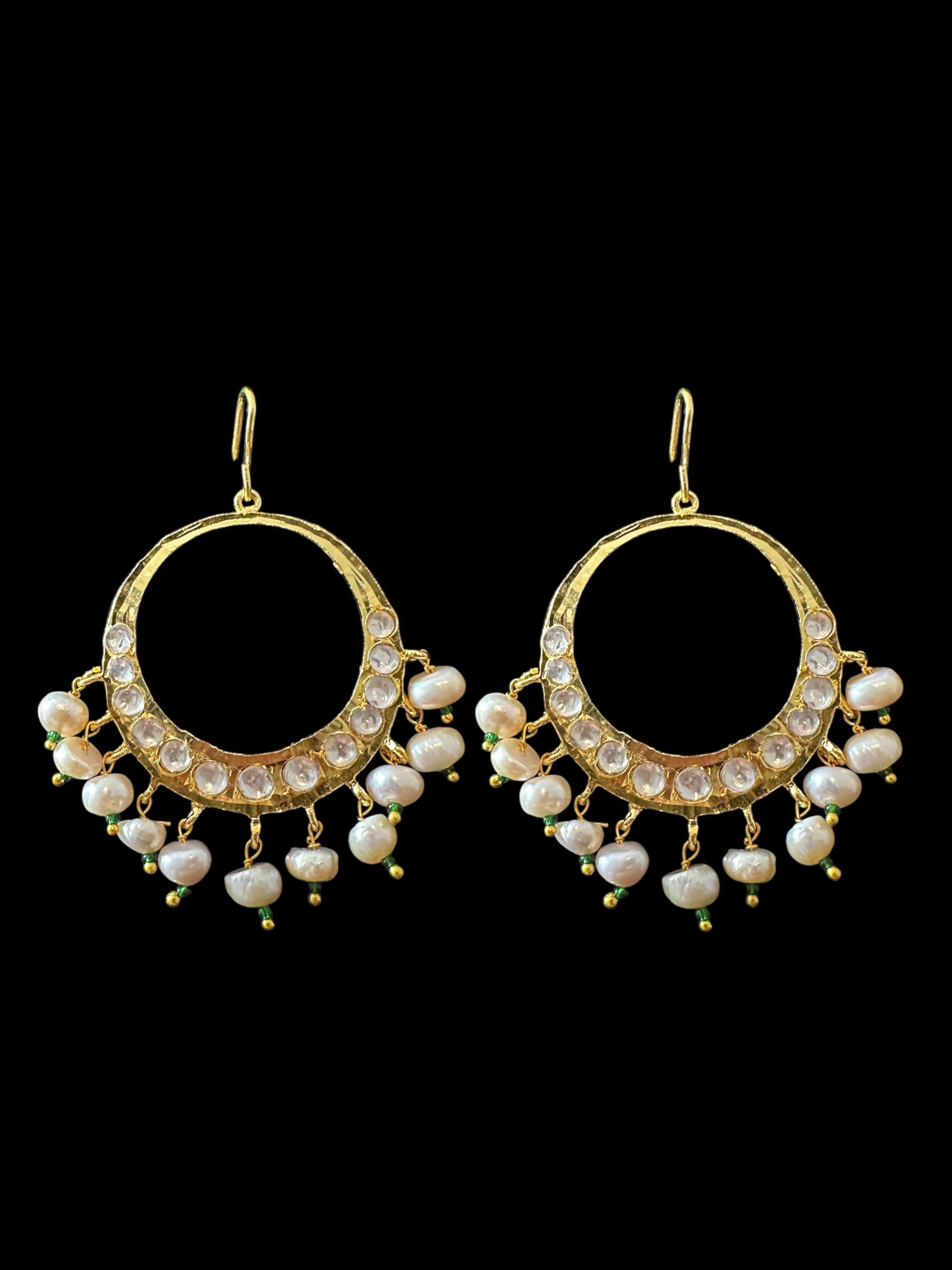 DER720 Afia gold plated moissanite Polki chandbali with fresh water pearls (SHIPS IN 3 WEEKS )