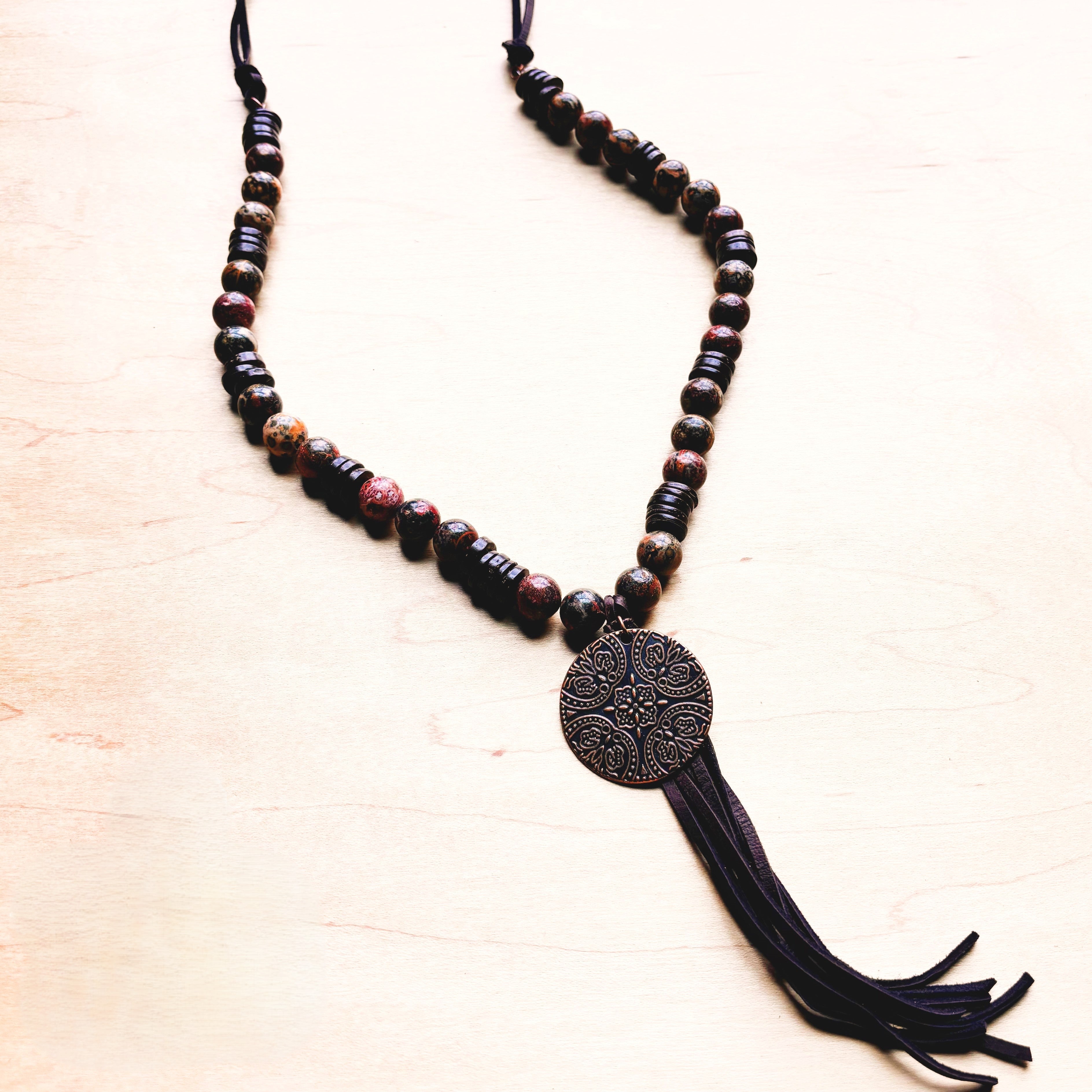 **Leopard Jasper Necklace w/ Wood Beads &amp;amp; Copper Medallion 258c