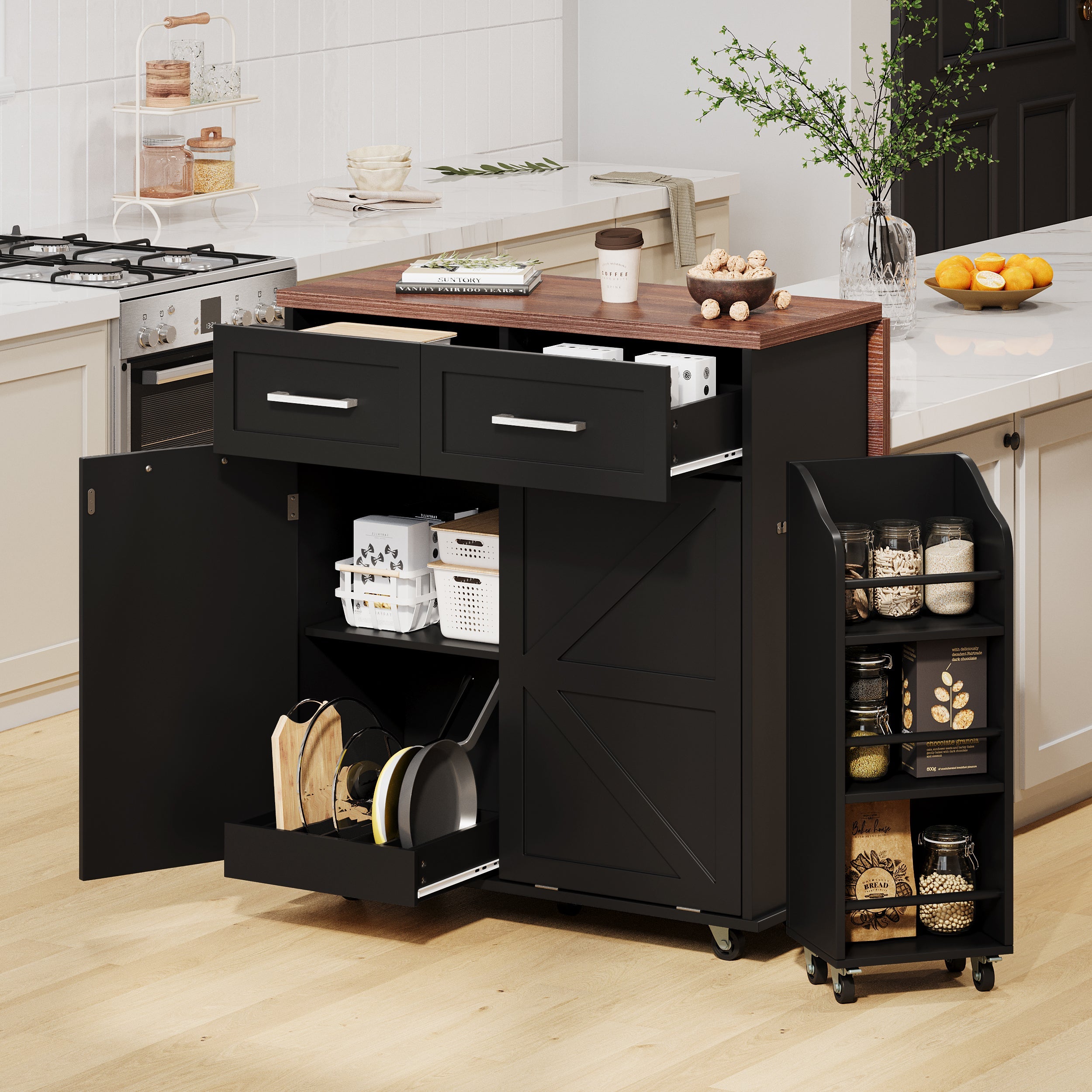 K&amp;amp;K 47.2&amp;#39; Farmhouse Kitchen Island with Drop Leaf, Kitchen Storage Island with Removable Side Racks, Two Drawers, Rolling Kitchen Cart on Wheels with Towel Rack, for Home, Kitchen, Dining Room, Black