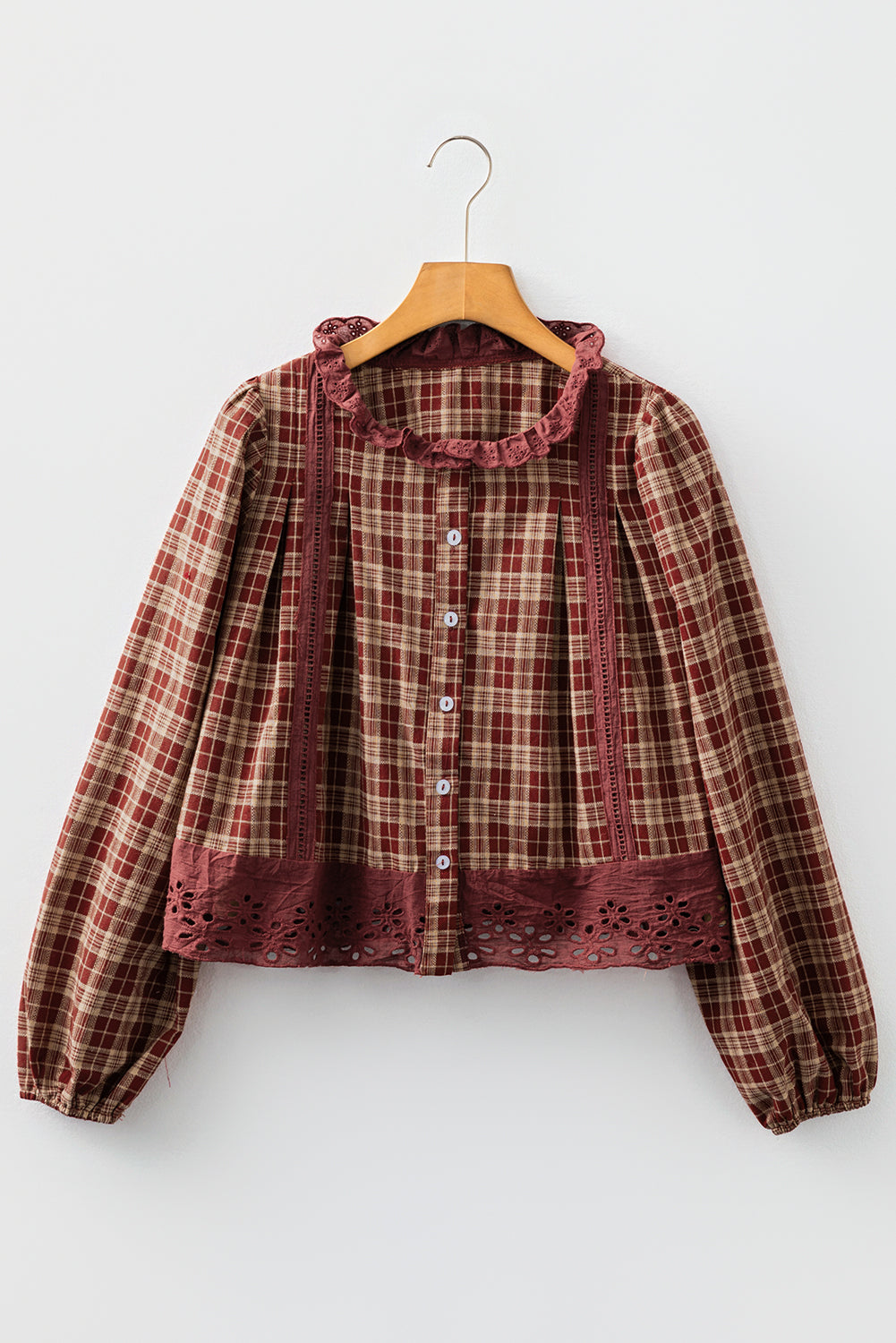Plaid Eyelet Lace Trim Buttoned Long Sleeve Shirt