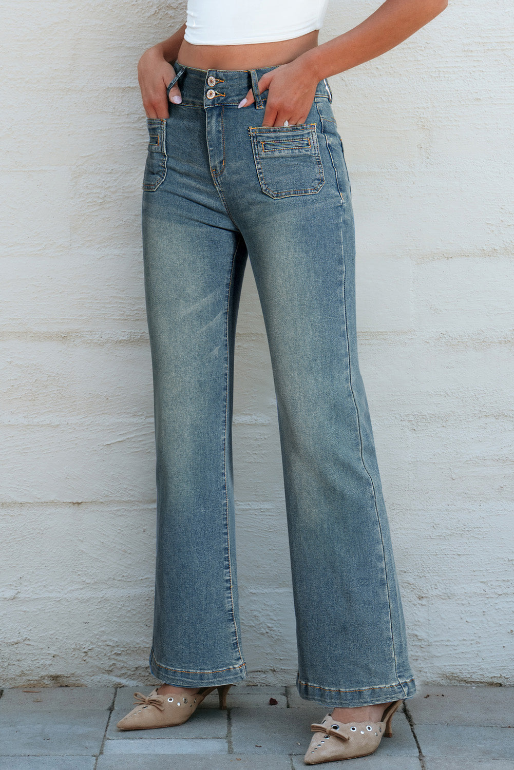 Amyra Double Button Patch Pocket Flare Leg Jeans