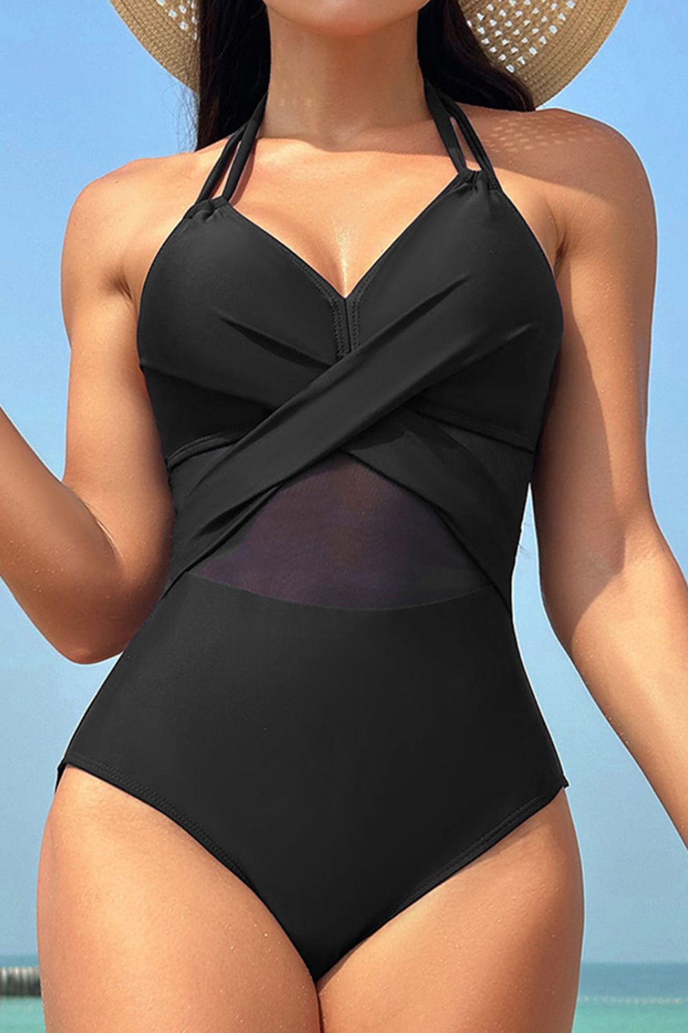 Sculpt &amp;amp; Slay | Crisscross Halter Mesh One-Piece