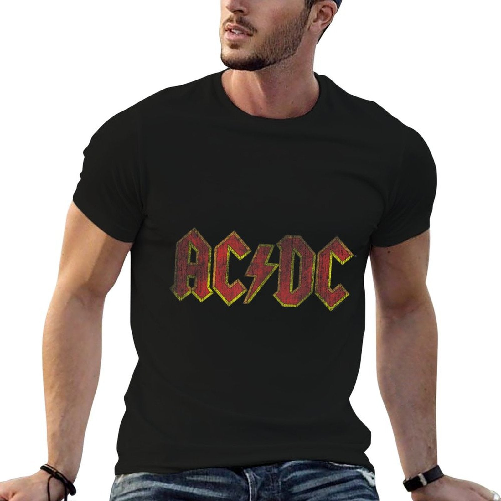 ACDC Distressed Red Logo Rock Music Band  Rolled Sleeves T-Shirt