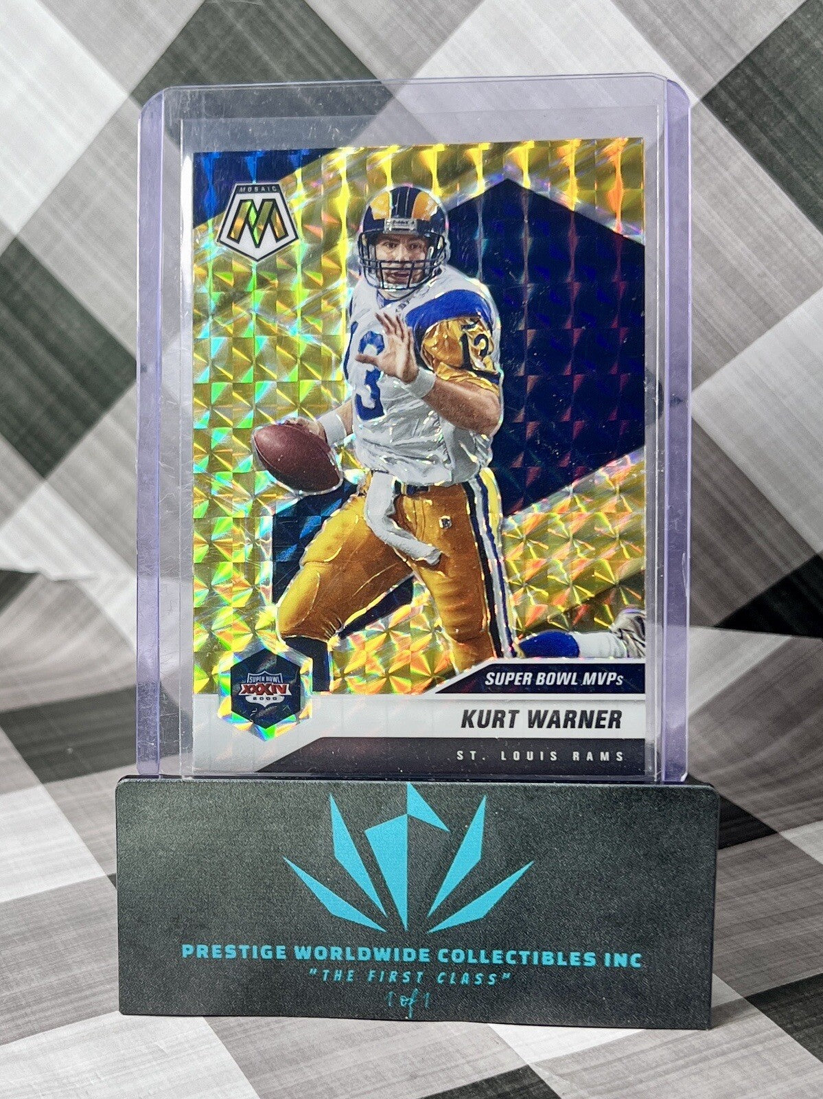 Kurt Warner 2021 Panini Mosaic Super Bowl MVPs Yellow Reactive #294 LA Rams SP