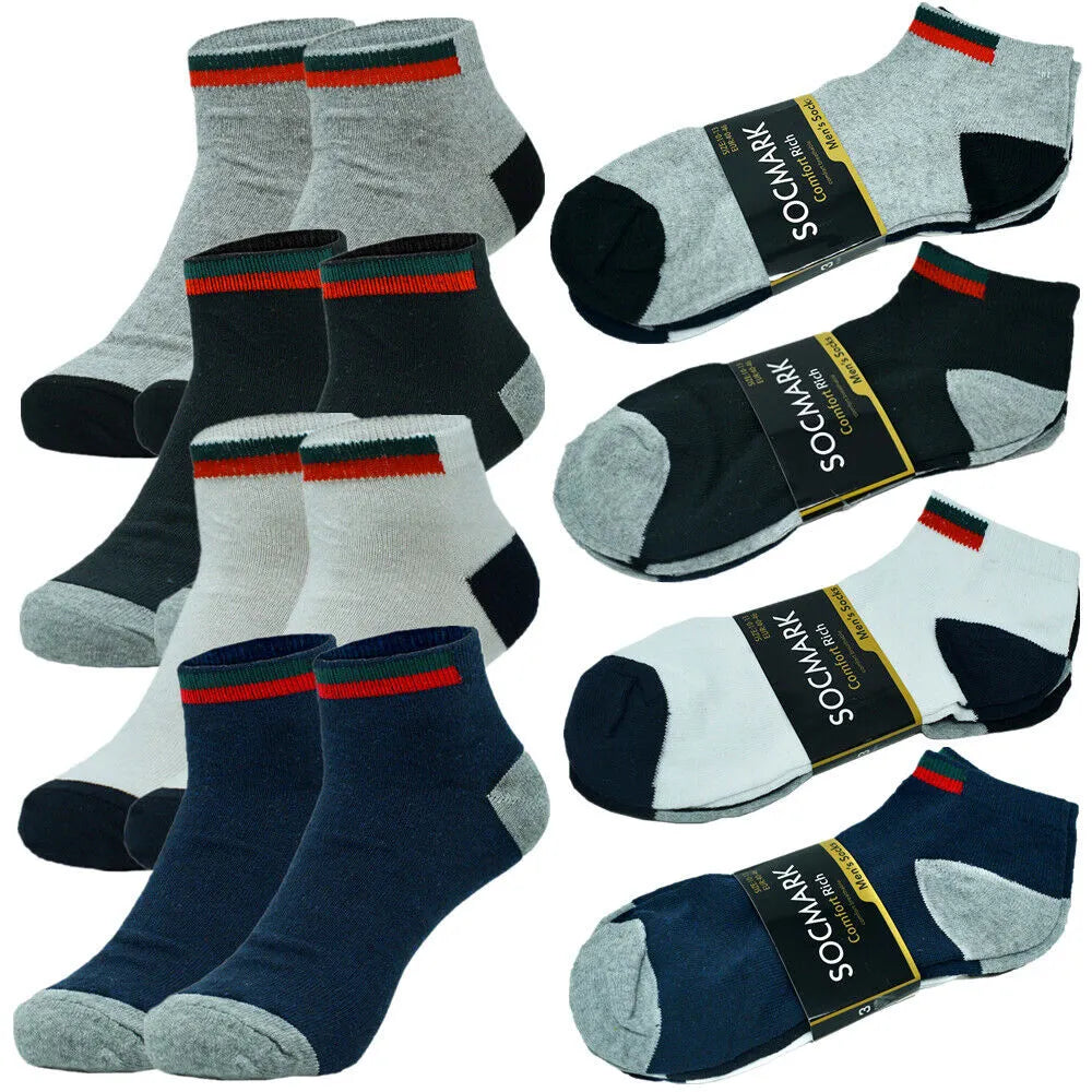 Mens athletic socks Striped Ankle Quarter Socks Cotton Low Cut Sizes 9-13