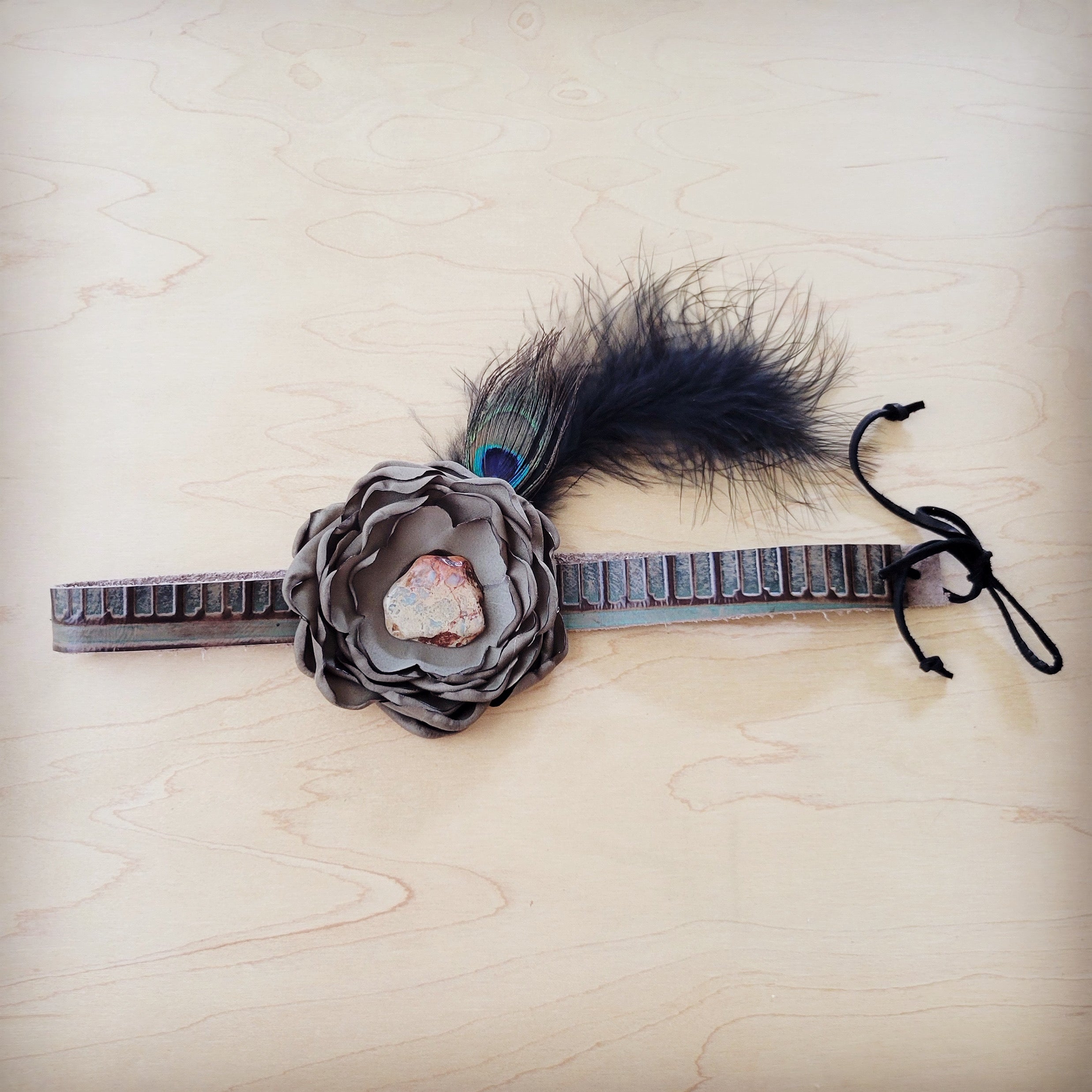 Leather Hat Band w/ Silk Flower &amp;amp; Feathers-Olive (Band Only) 952z