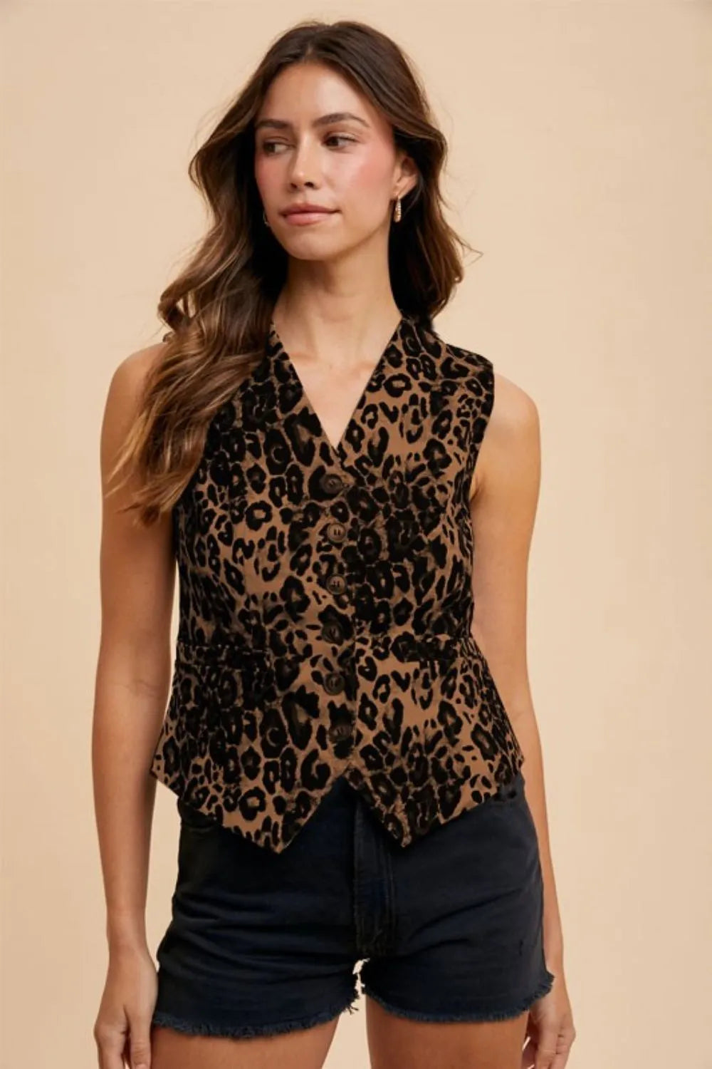 Annie Wear Stretch Leopard Denim Button Down Vest by