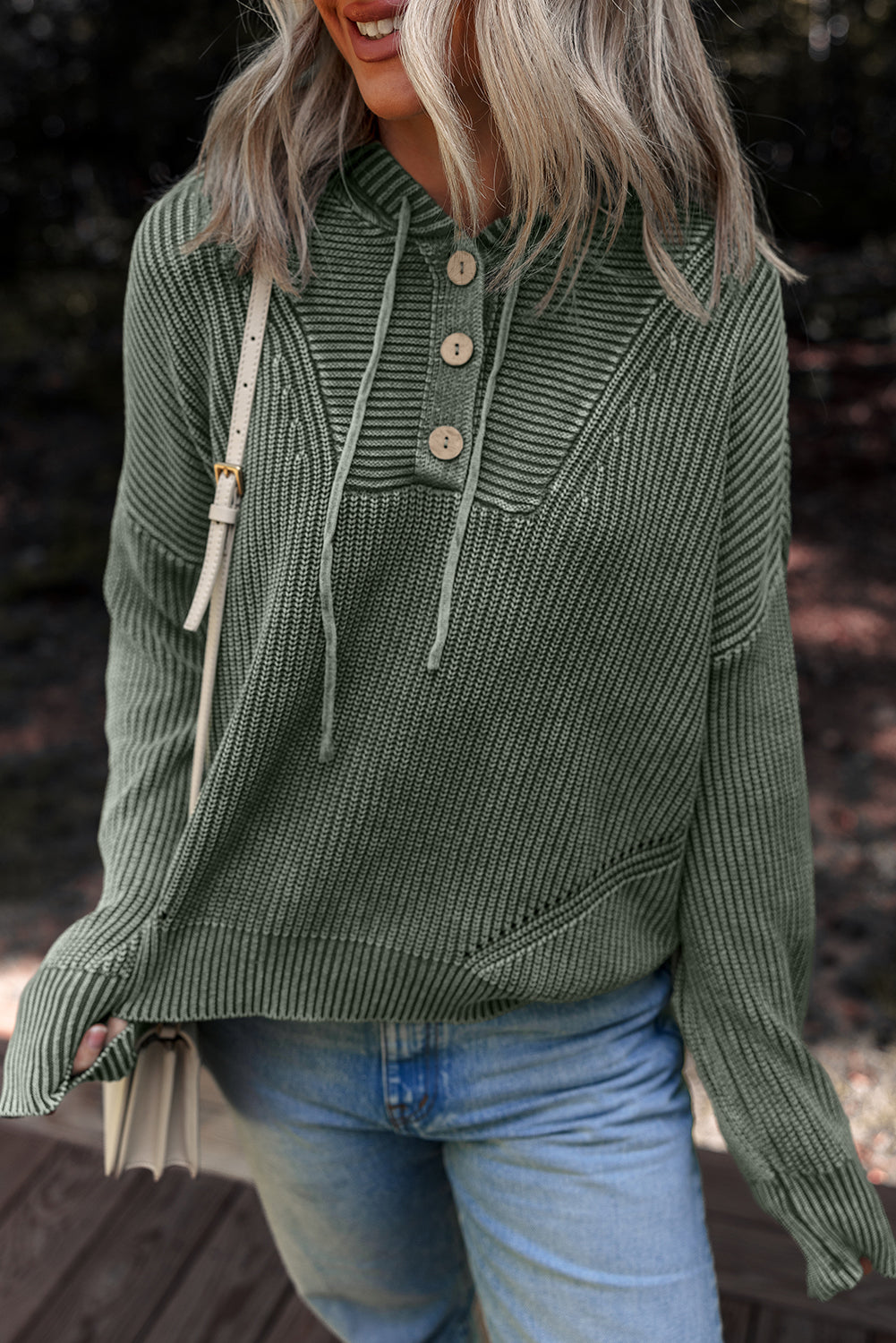 Mineral Wash Ribbed Knit Hooded Sweater