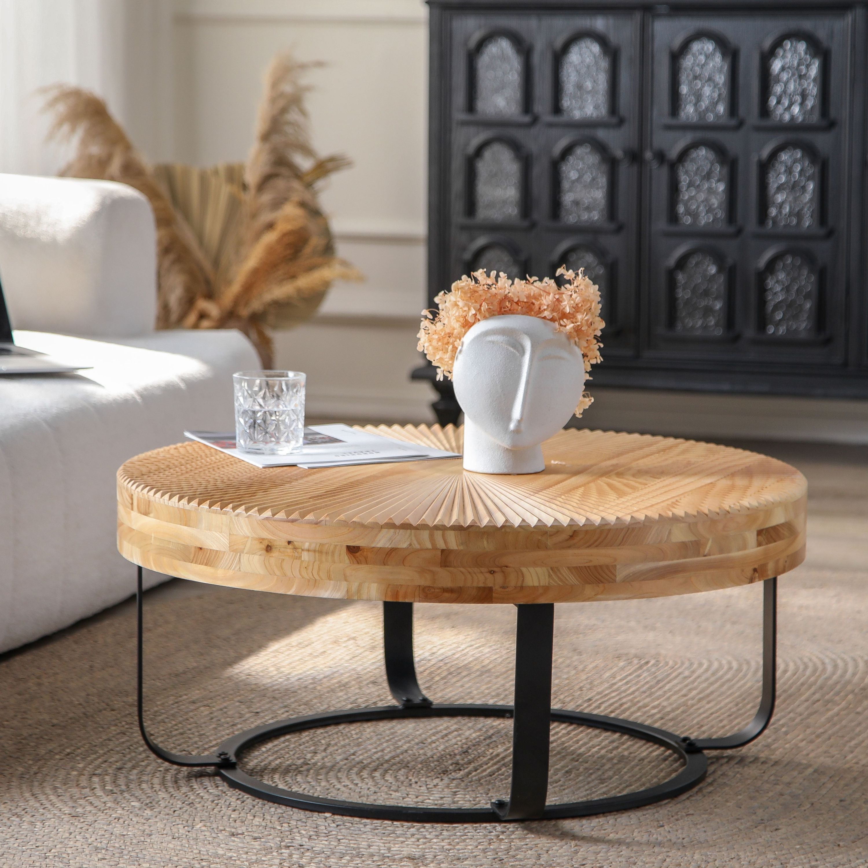 Modern Round Coffee Table Wooden Carving Pattern Coffee Table with Metal Legs for Living Room Reception Room Office ,Black
