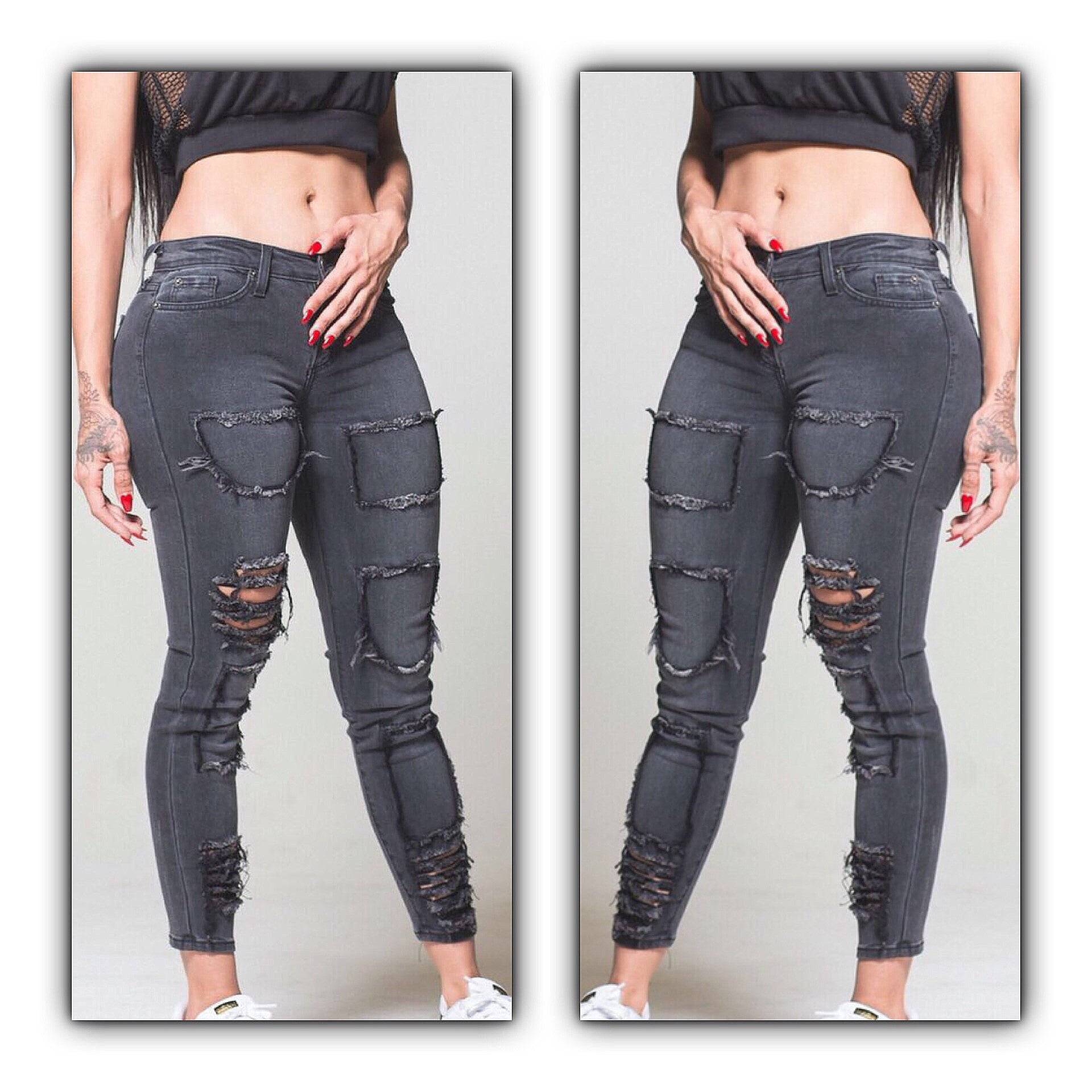 Black Washed Denim Patched Distressed Jeans