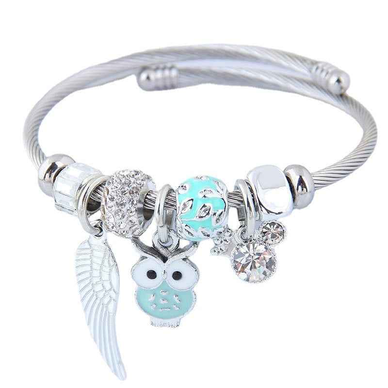 Beaded Owl Bracelet with Angel Wings - Stainless Steel Charm Bracelet