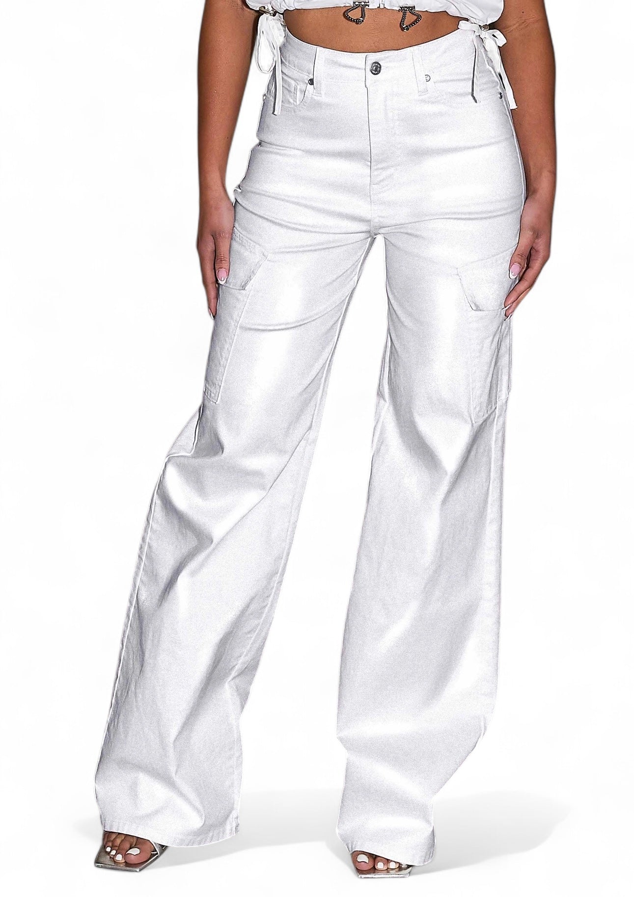 Water / Dirt Repellent White Coated Cargo Wide Leg Pants {Great Stretch}
