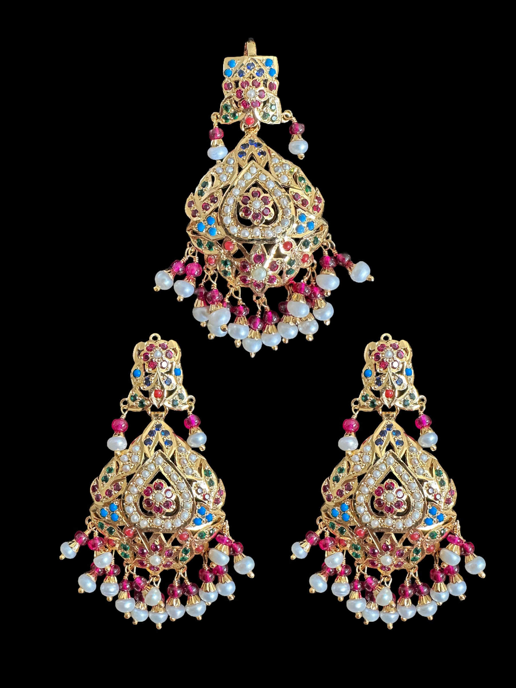 Gold plated jadau silver pendant set in navratan  ( SHIPS IN 5 WEEKS )