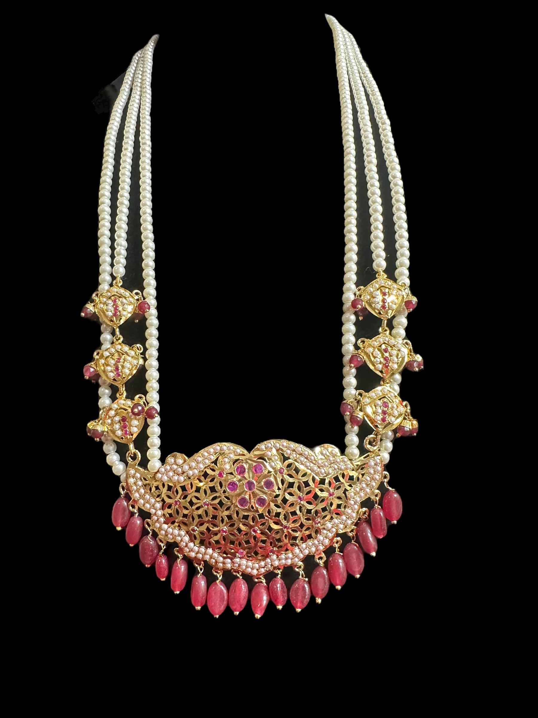 DLN93 Saba long jadau mala with pearls and ruby combination ( READY TO SHIP )